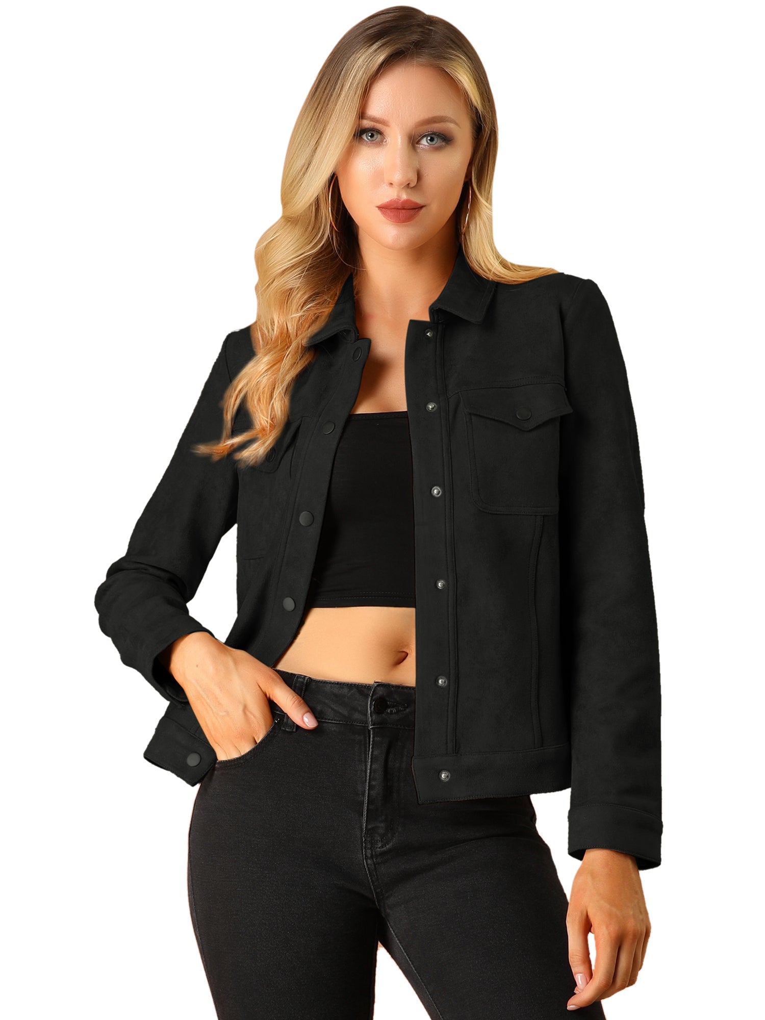 Faux Suede Turn-Down Collar Flap Pocket Snap Button Jacket