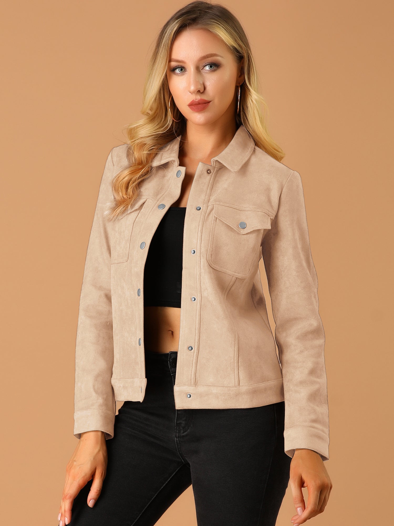 Faux Suede Turn-Down Collar Flap Pocket Snap Button Jacket