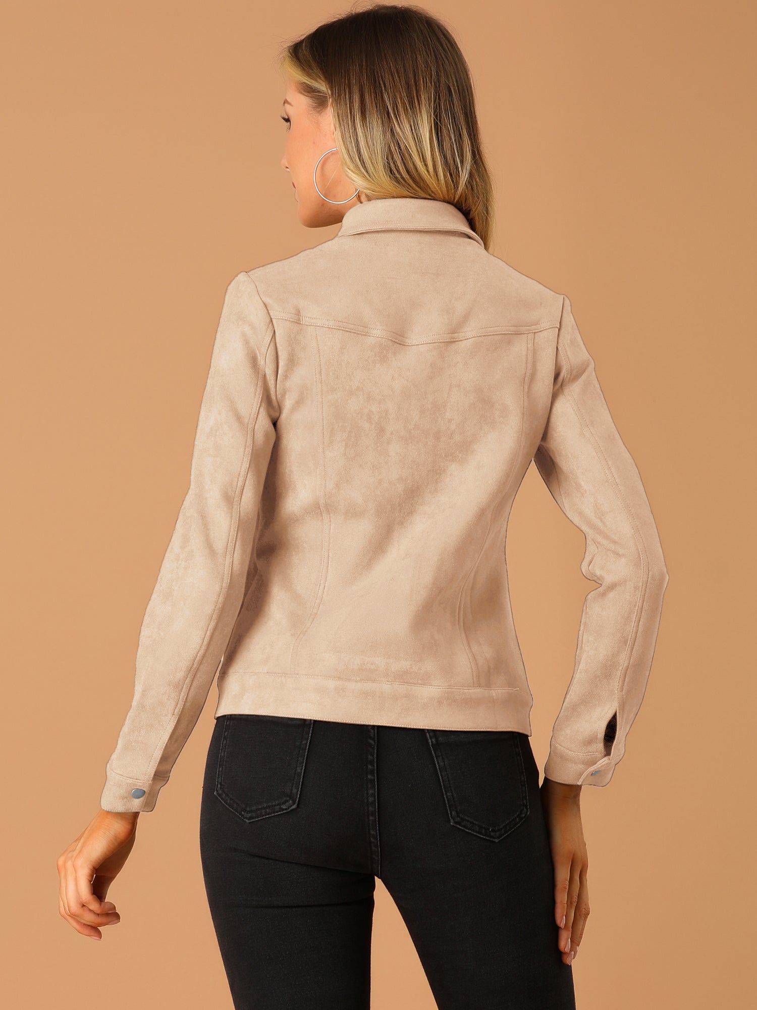 Faux Suede Turn-Down Collar Flap Pocket Snap Button Jacket