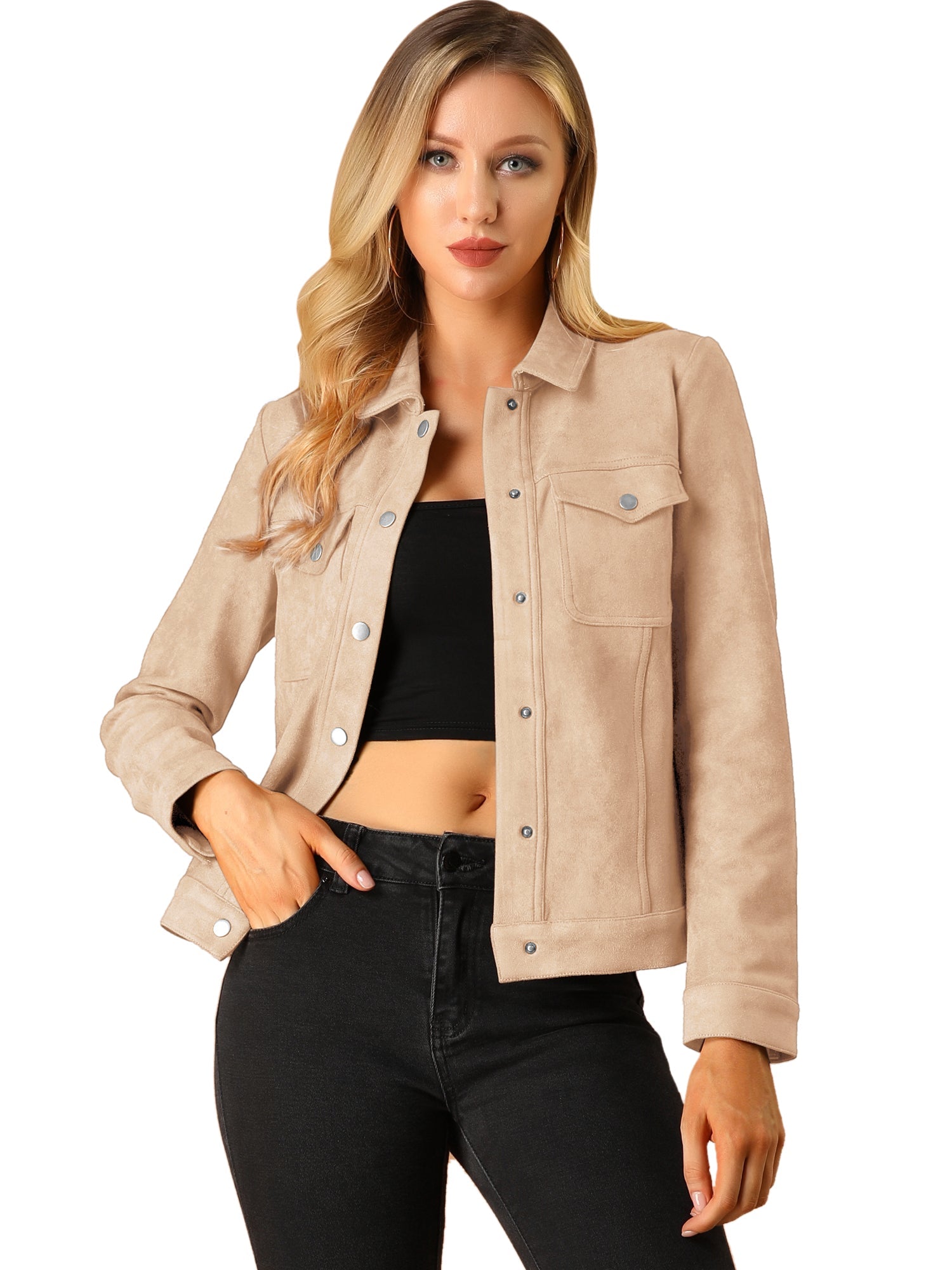 Faux Suede Turn-Down Collar Flap Pocket Snap Button Jacket
