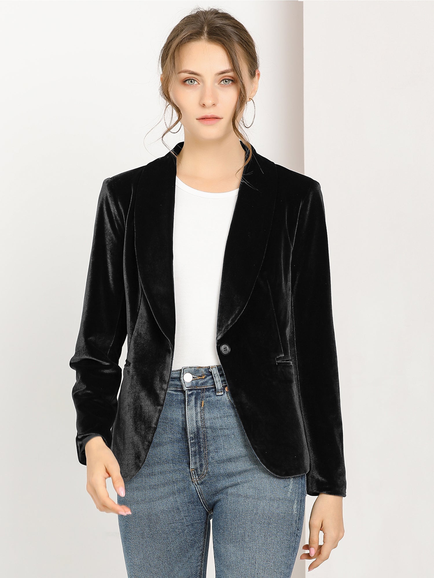 Shawl Collar Single Button Velvet Solid Office Work Jacket Blazer