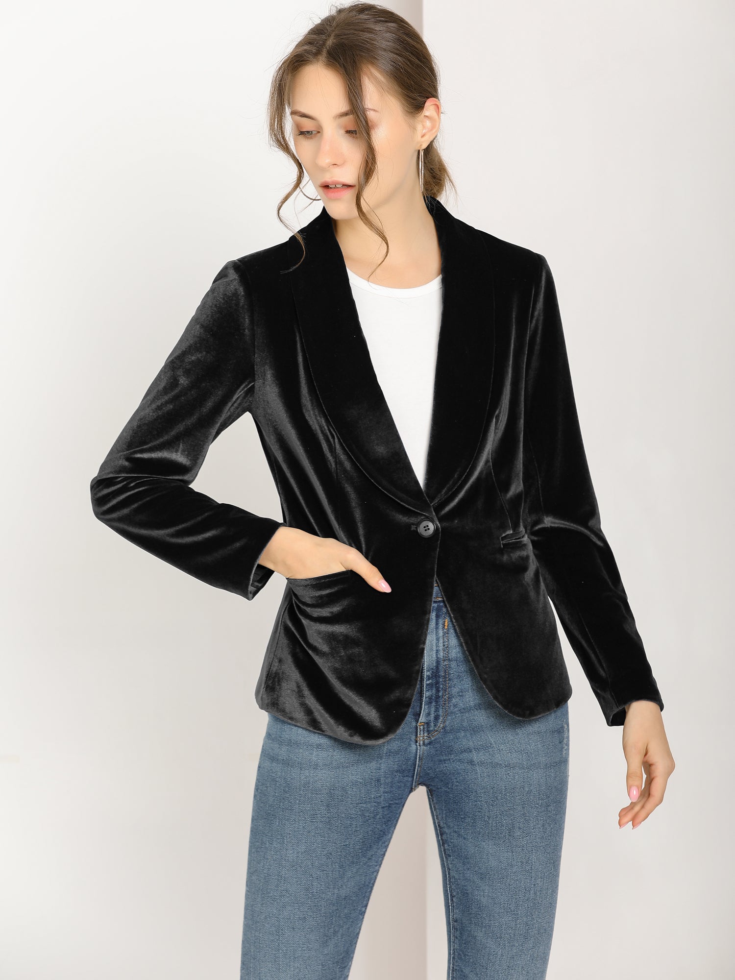 Shawl Collar Single Button Velvet Solid Office Work Jacket Blazer