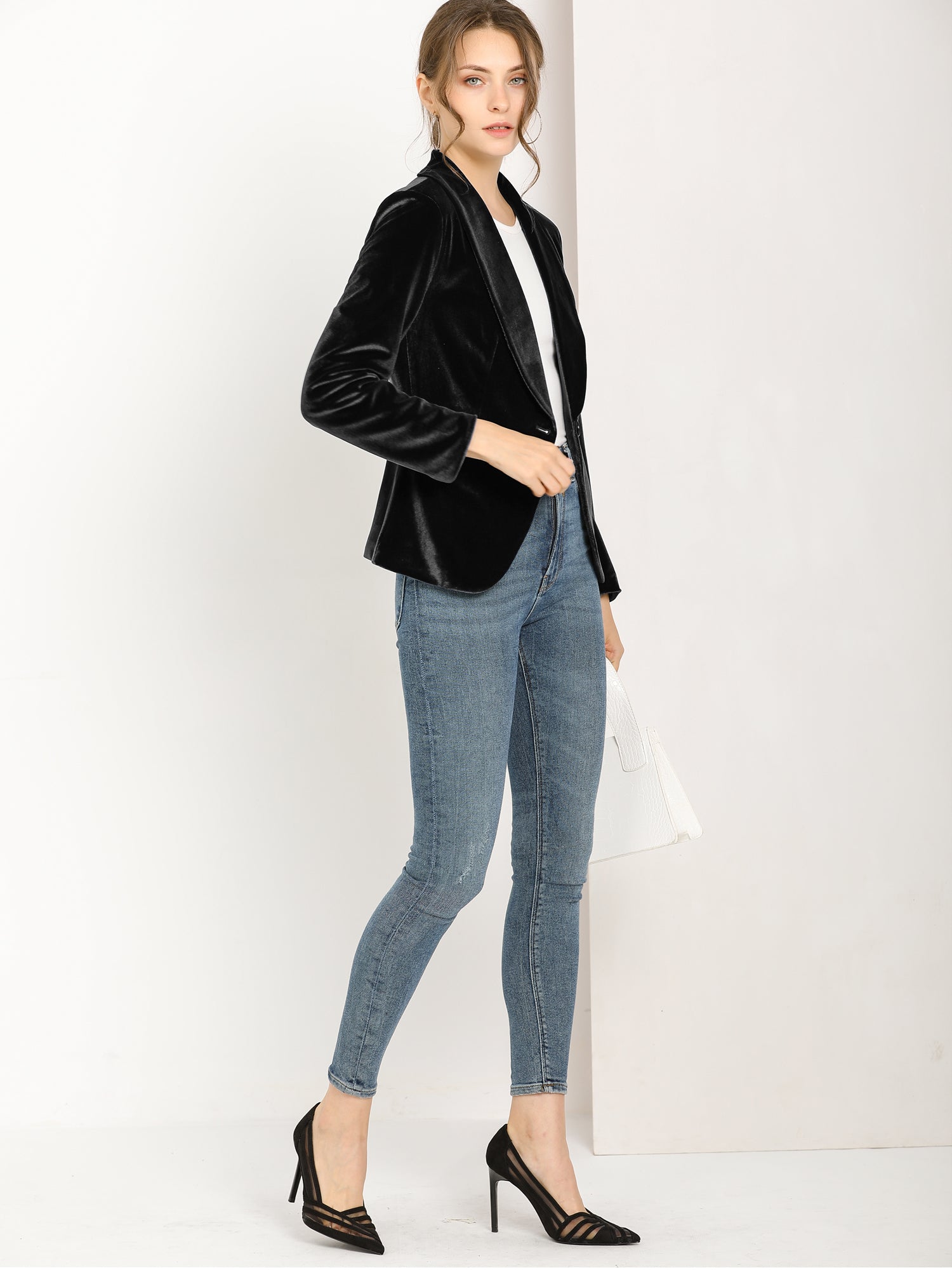 Shawl Collar Single Button Velvet Solid Office Work Jacket Blazer