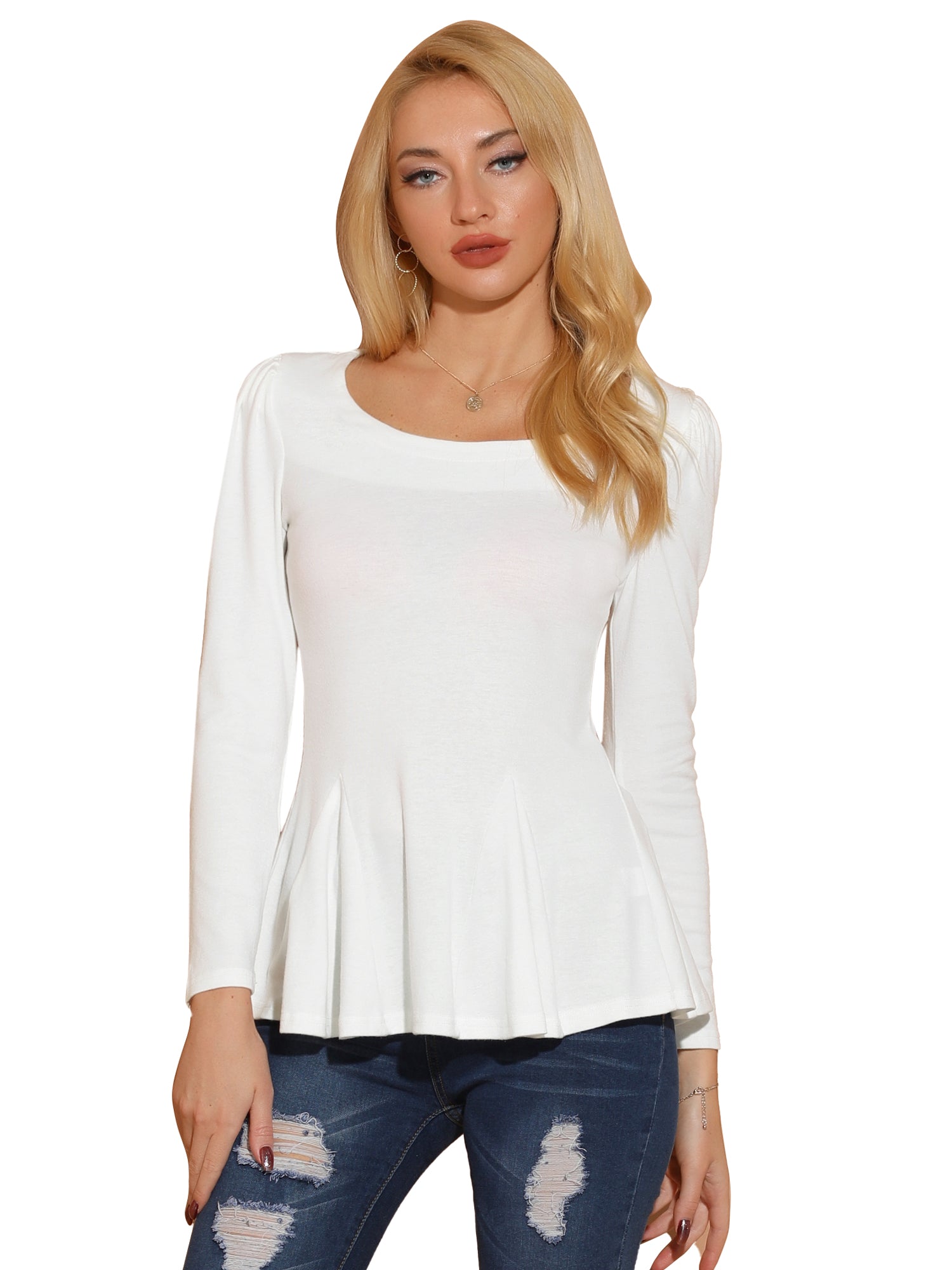 Long Sleeve Scoop Neck Casual Peplum Blouse