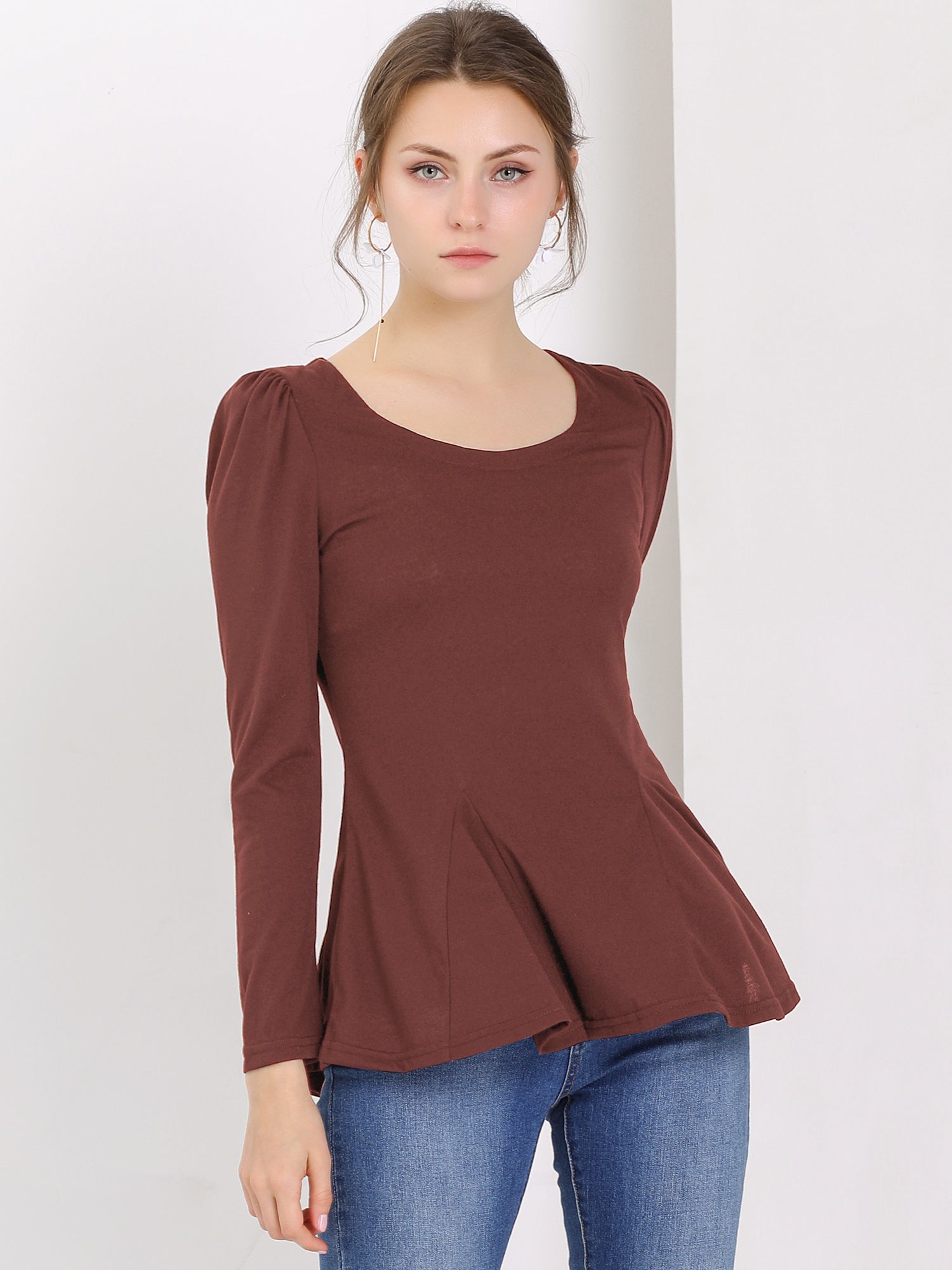 Long Sleeve Scoop Neck Casual Peplum Blouse
