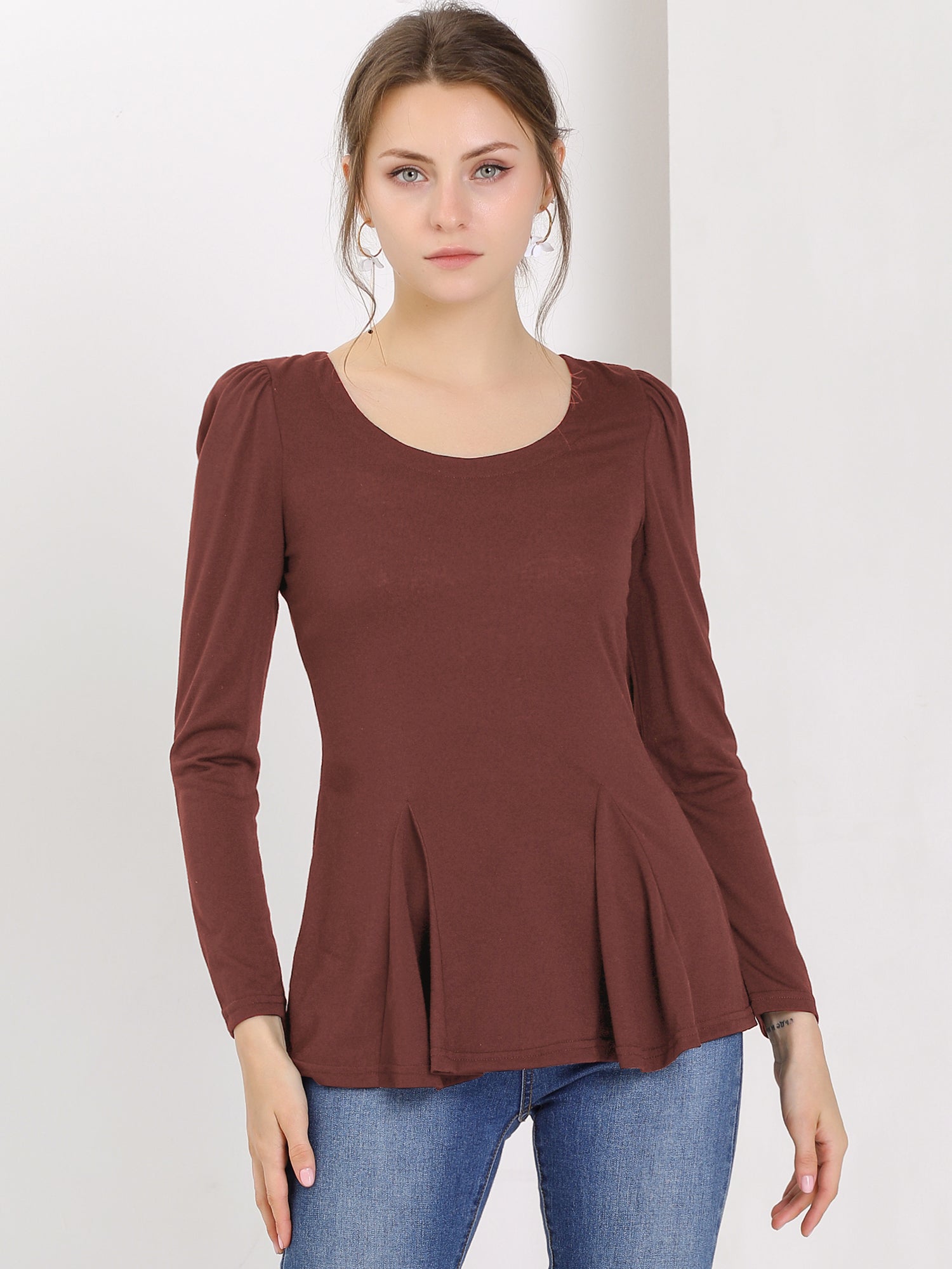 Long Sleeve Scoop Neck Casual Peplum Blouse