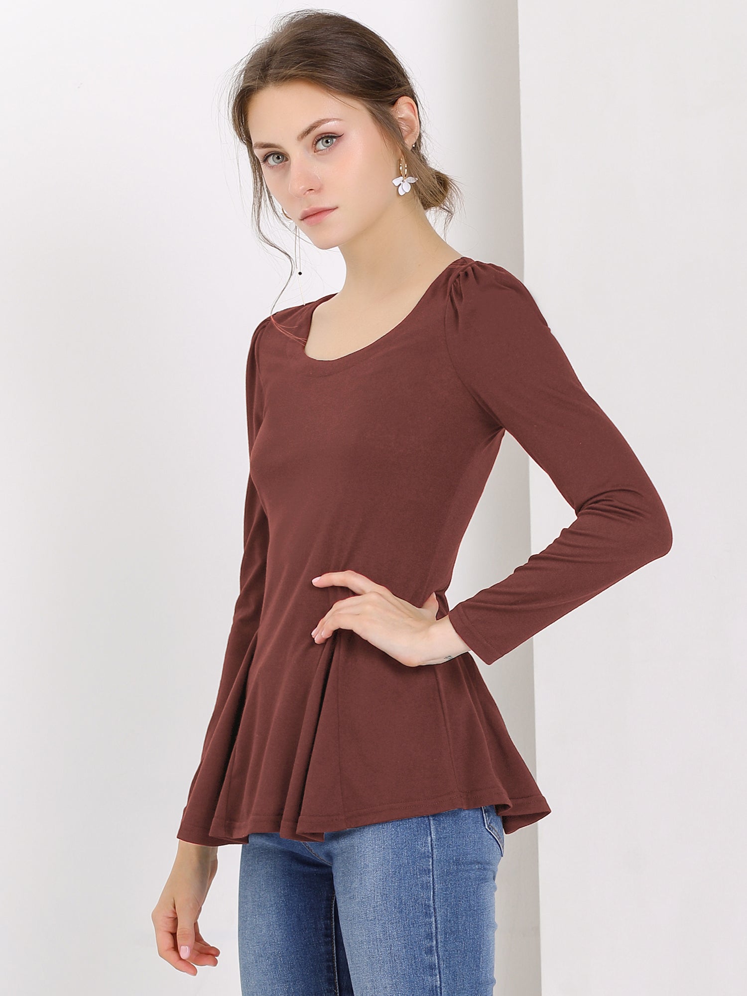Long Sleeve Scoop Neck Casual Peplum Blouse