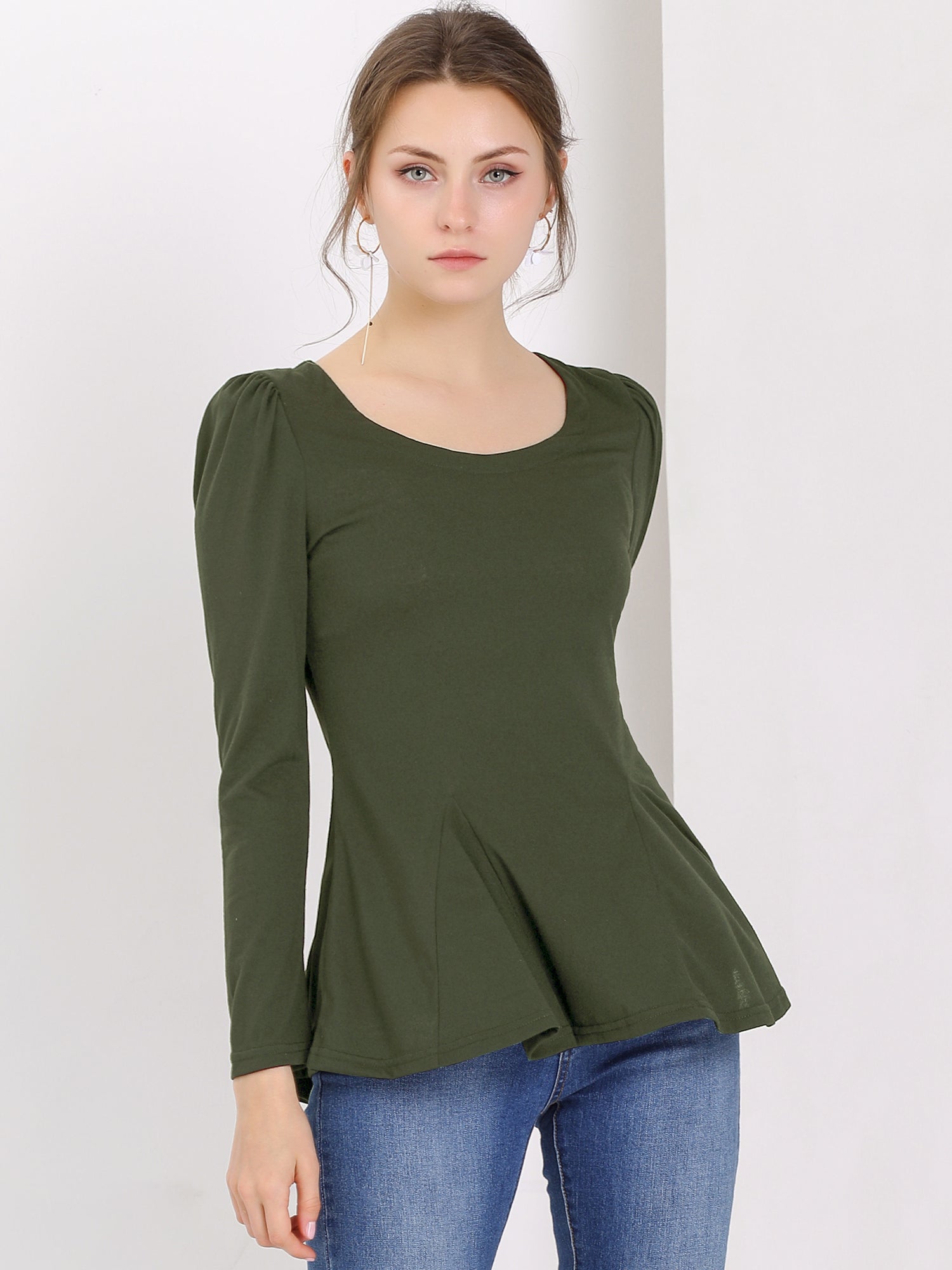 Long Sleeve Scoop Neck Casual Peplum Blouse