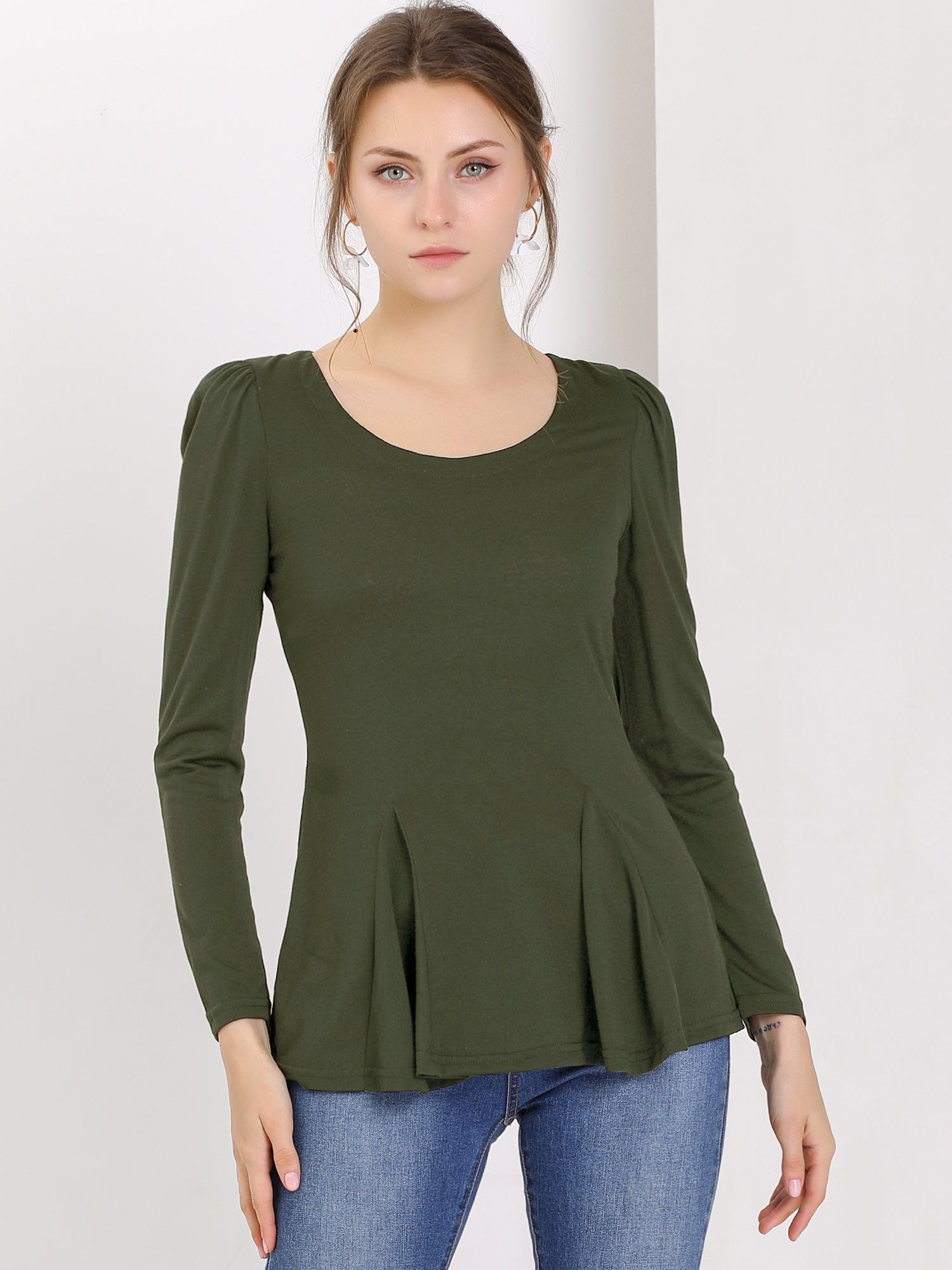 Long Sleeve Scoop Neck Casual Peplum Blouse