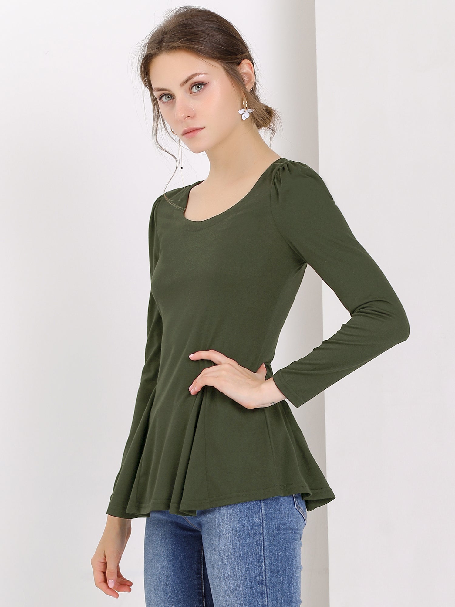 Long Sleeve Scoop Neck Casual Peplum Blouse
