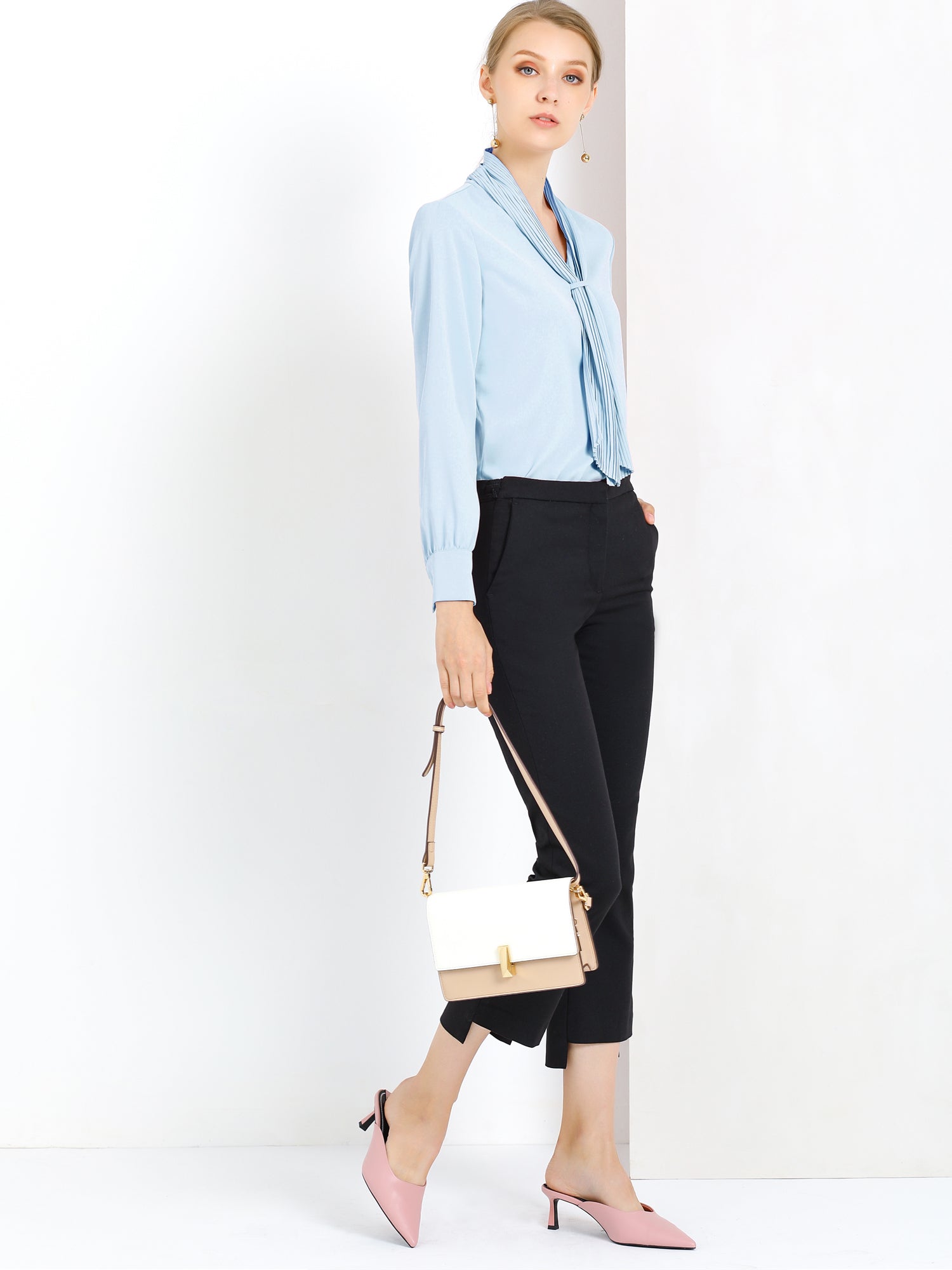 Long Sleeve Chiffon Pleated Tie Neck Office Blouse