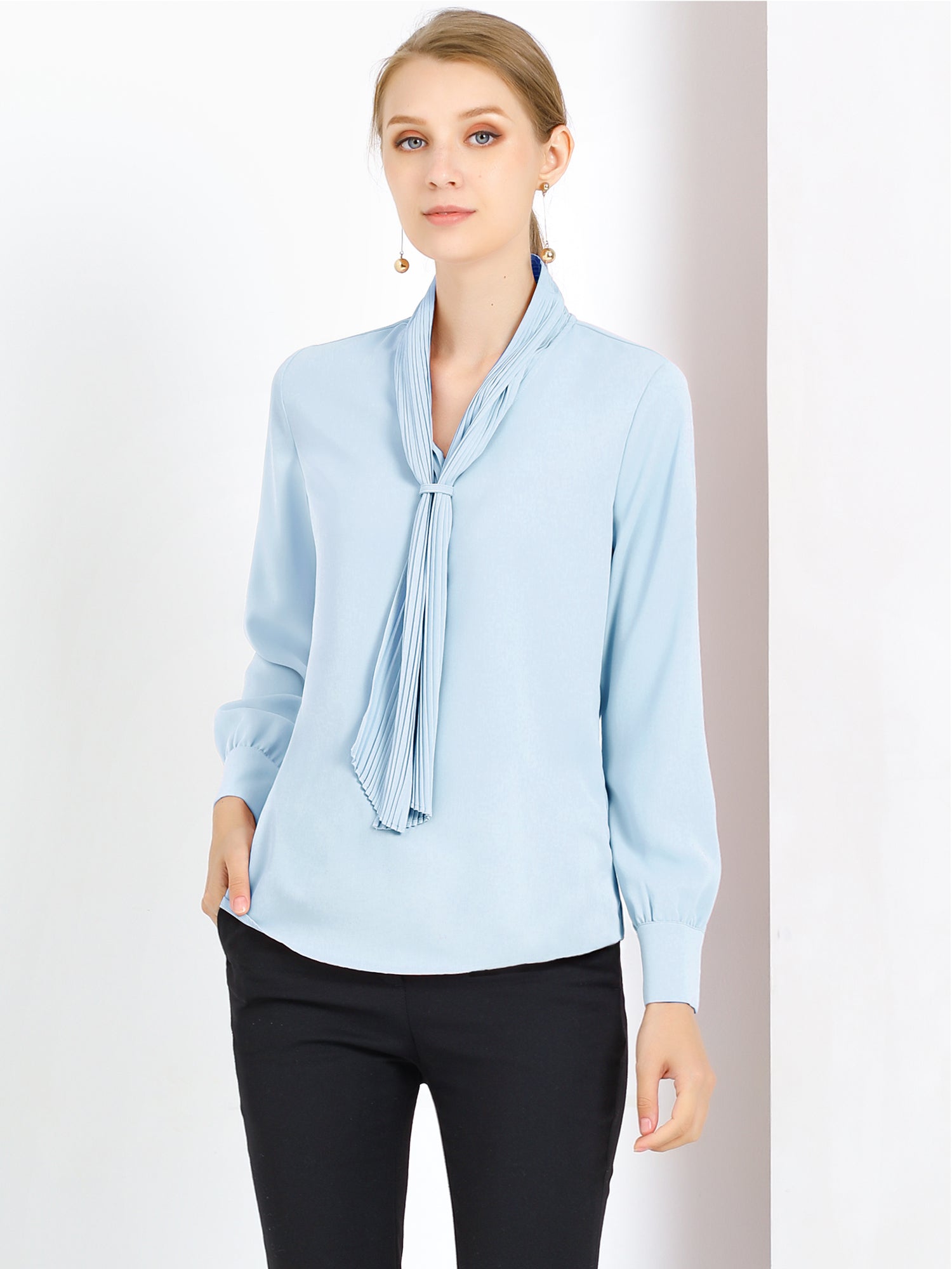 Long Sleeve Chiffon Pleated Tie Neck Office Blouse