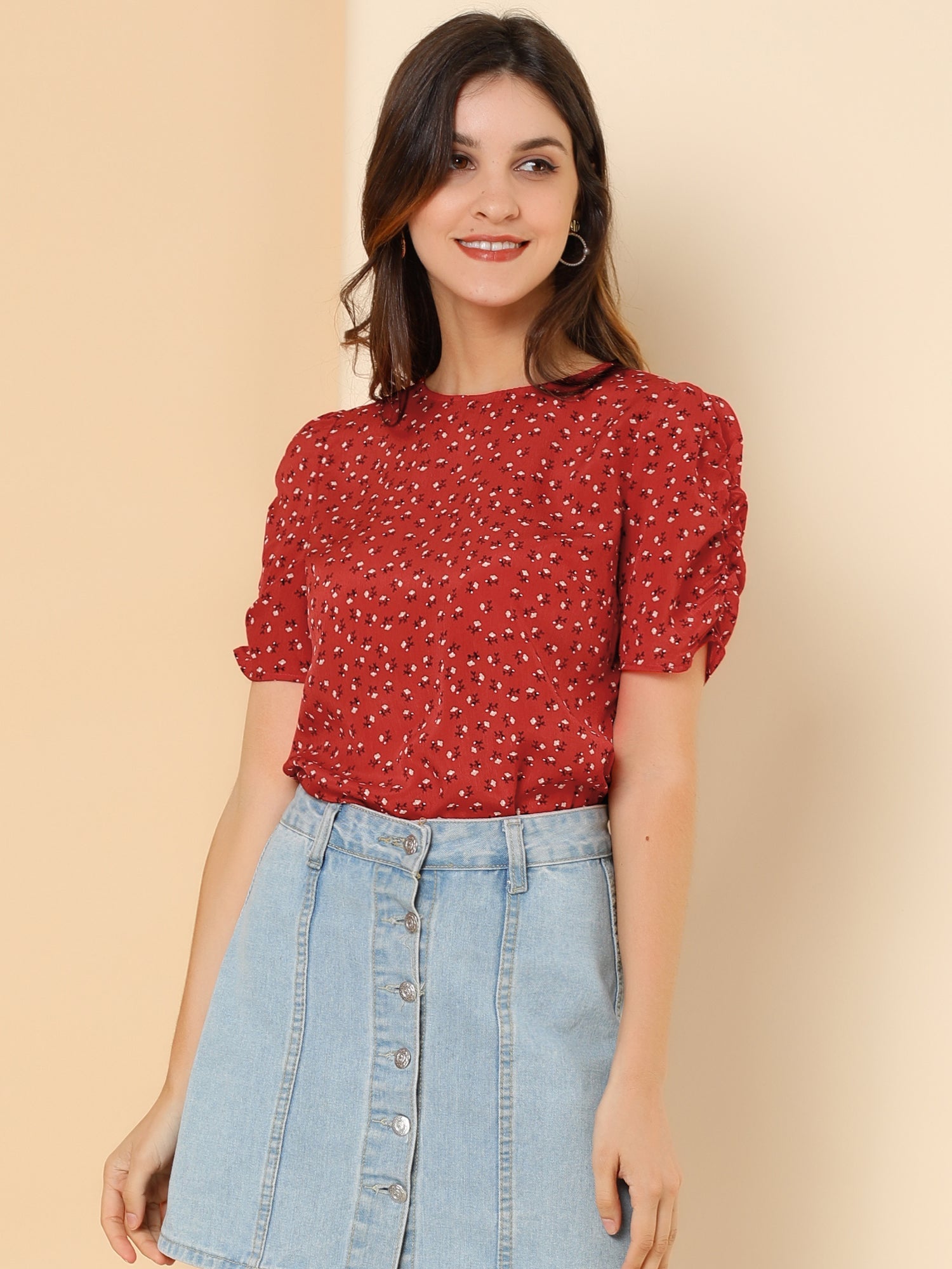 Floral Crew Neck Ruched Sleeve Casual Blouse