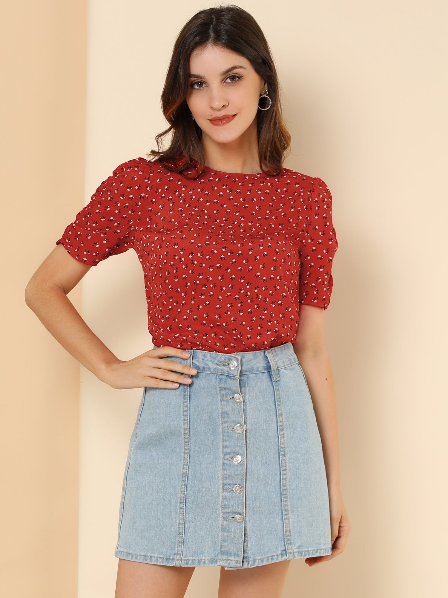 Floral Crew Neck Ruched Sleeve Casual Blouse