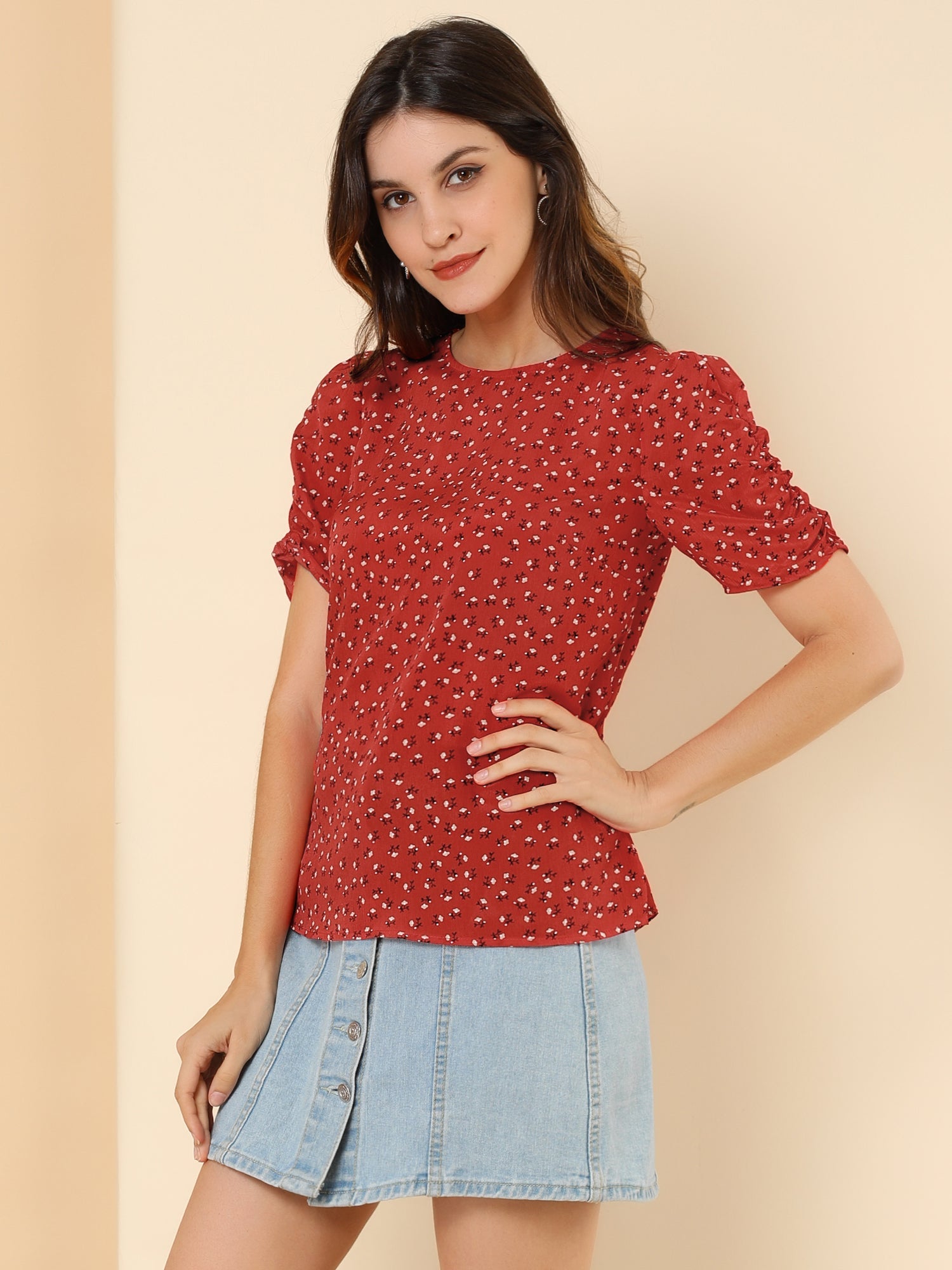 Floral Crew Neck Ruched Sleeve Casual Blouse