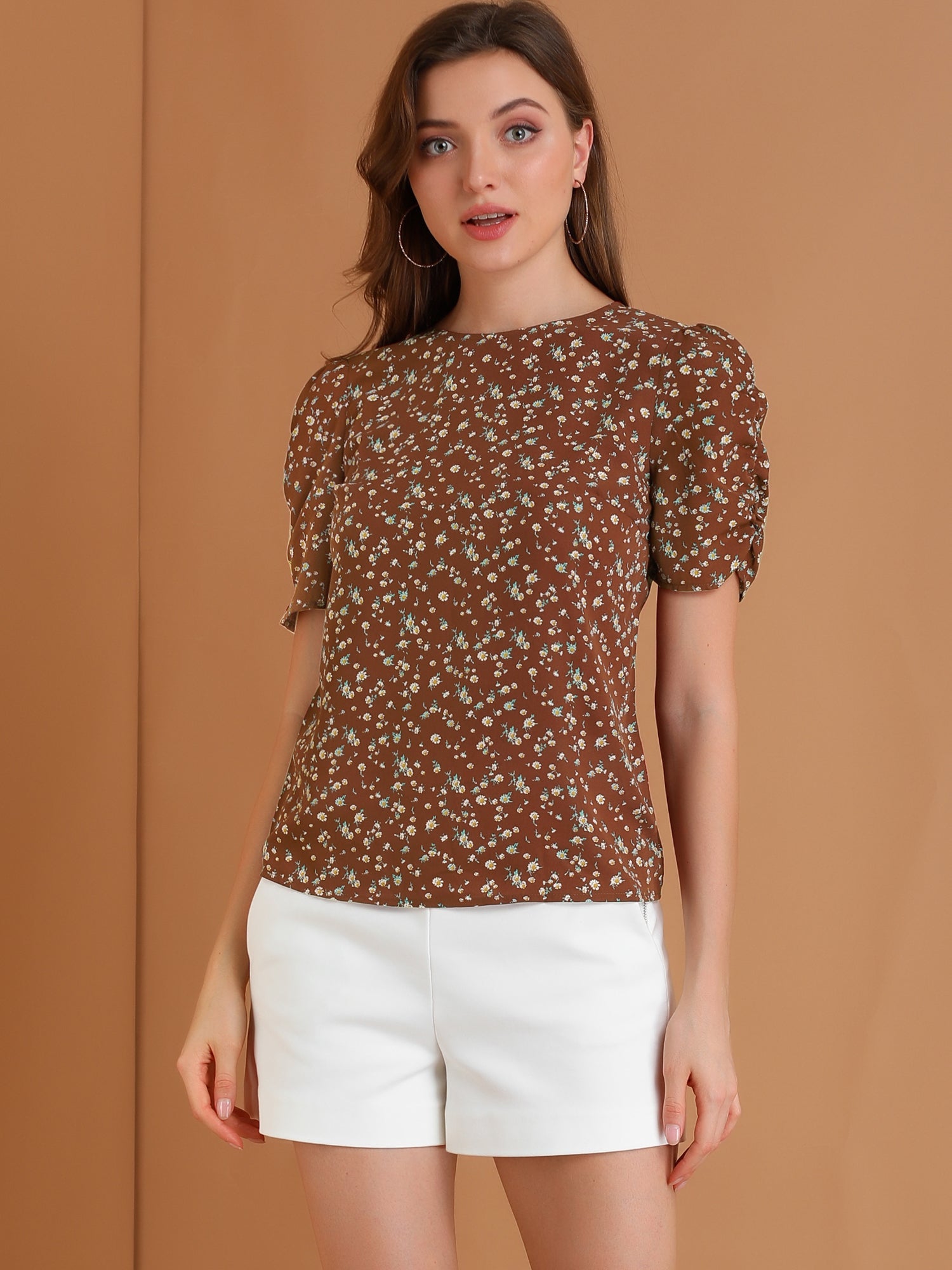 Floral Crew Neck Ruched Sleeve Casual Blouse