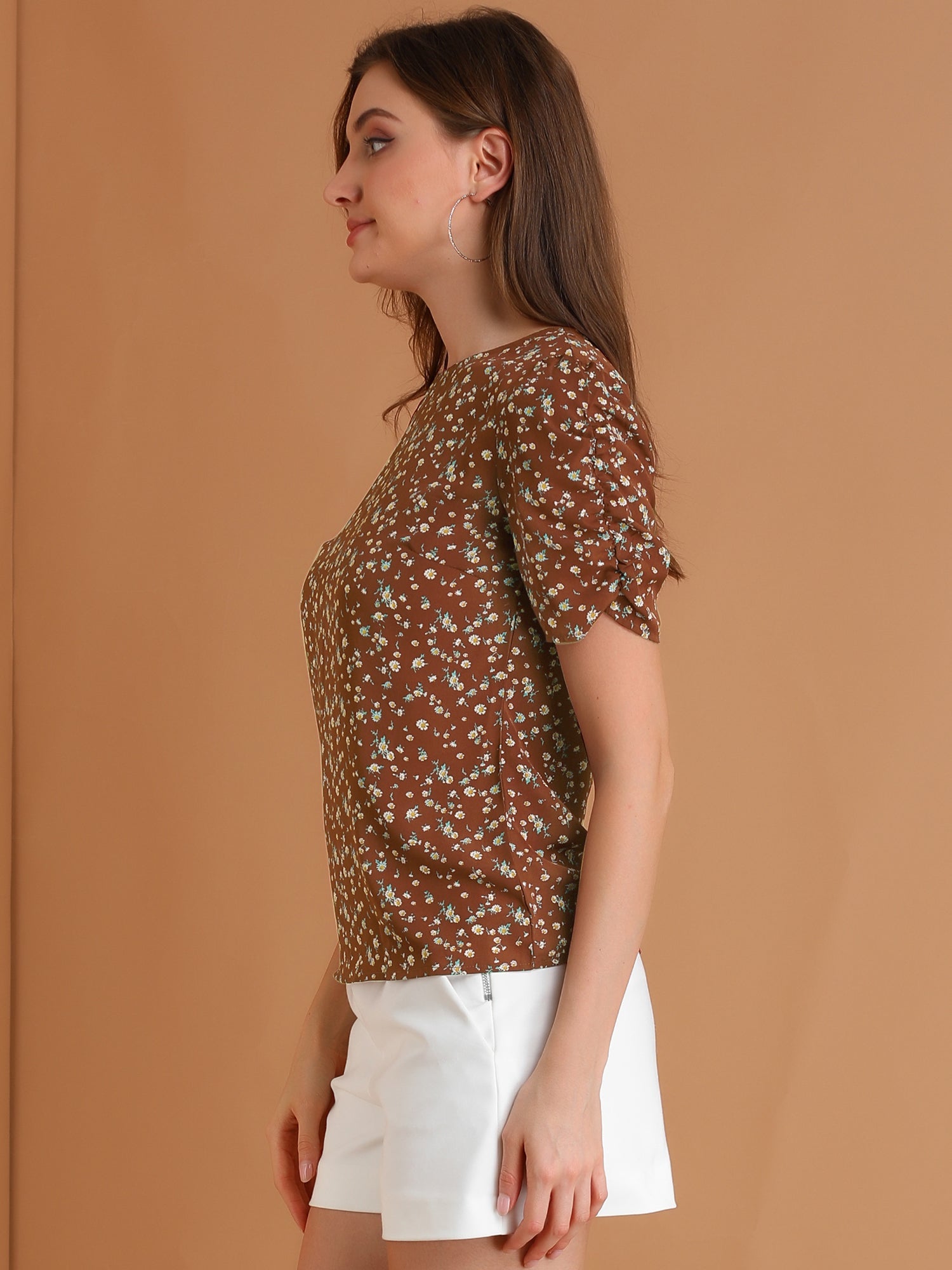 Floral Crew Neck Ruched Sleeve Casual Blouse