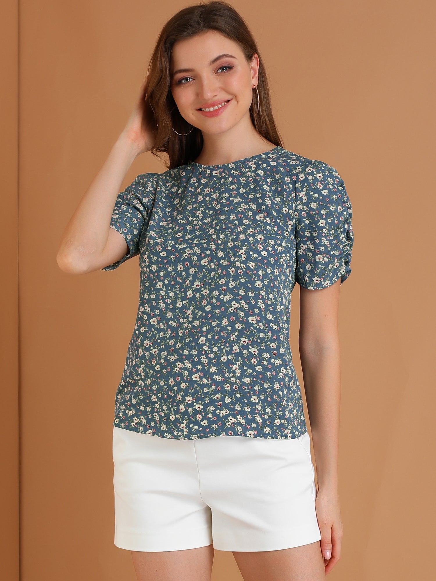 Floral Crew Neck Ruched Sleeve Casual Blouse