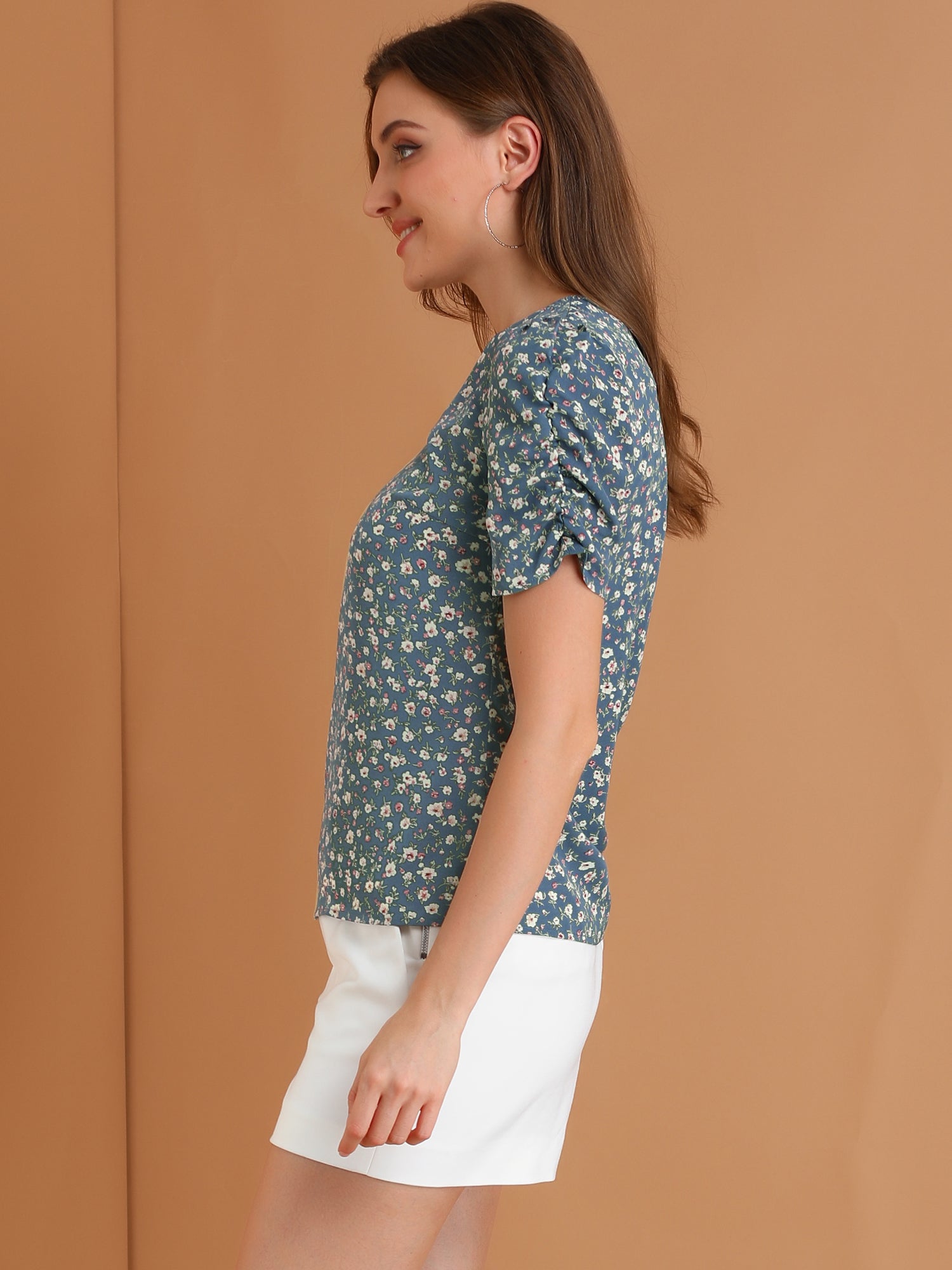 Floral Crew Neck Ruched Sleeve Casual Blouse