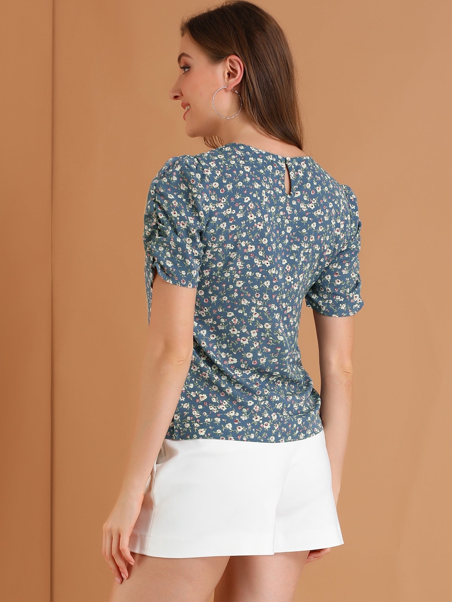 Floral Crew Neck Ruched Sleeve Casual Blouse