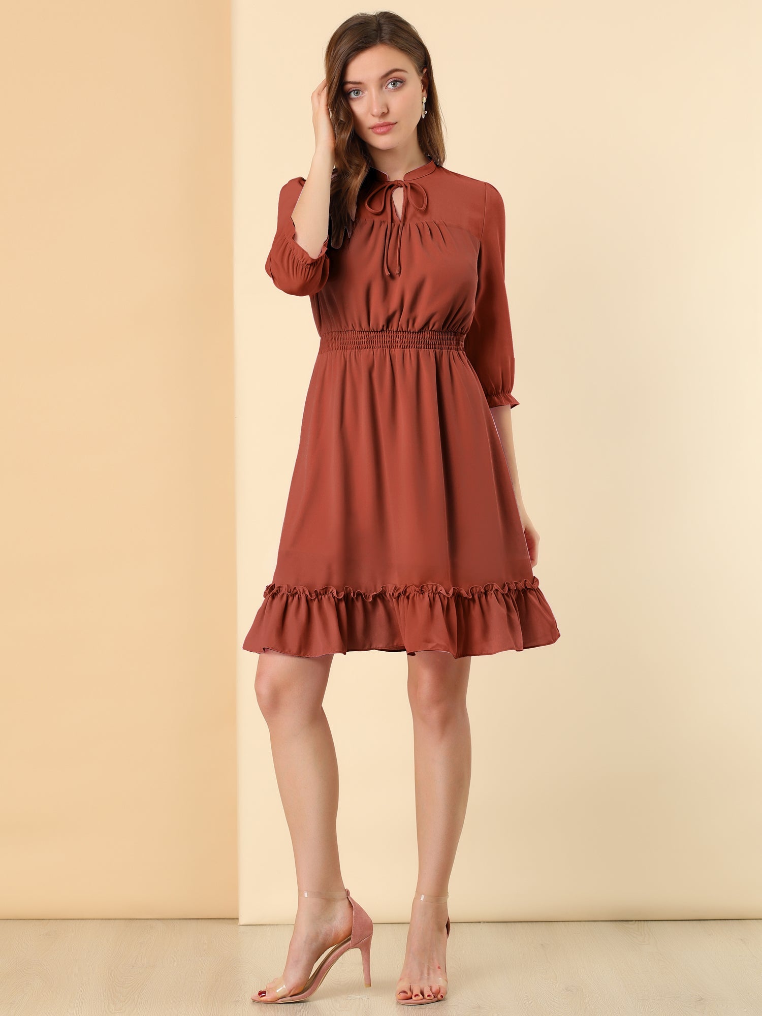 Ruffle Hem 3/4 Sleeve A-Line Smocked Midi Chiffon Dress