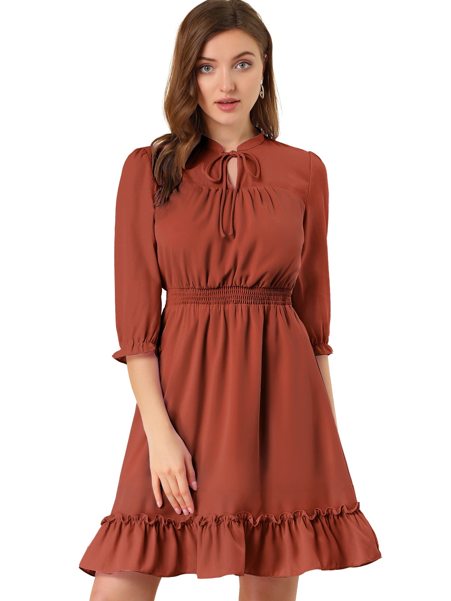 Ruffle Hem 3/4 Sleeve A-Line Smocked Midi Chiffon Dress