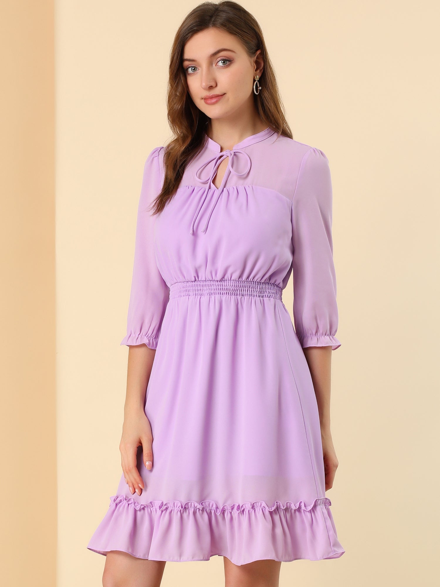 Ruffle Hem 3/4 Sleeve A-Line Smocked Short Chiffon Dress