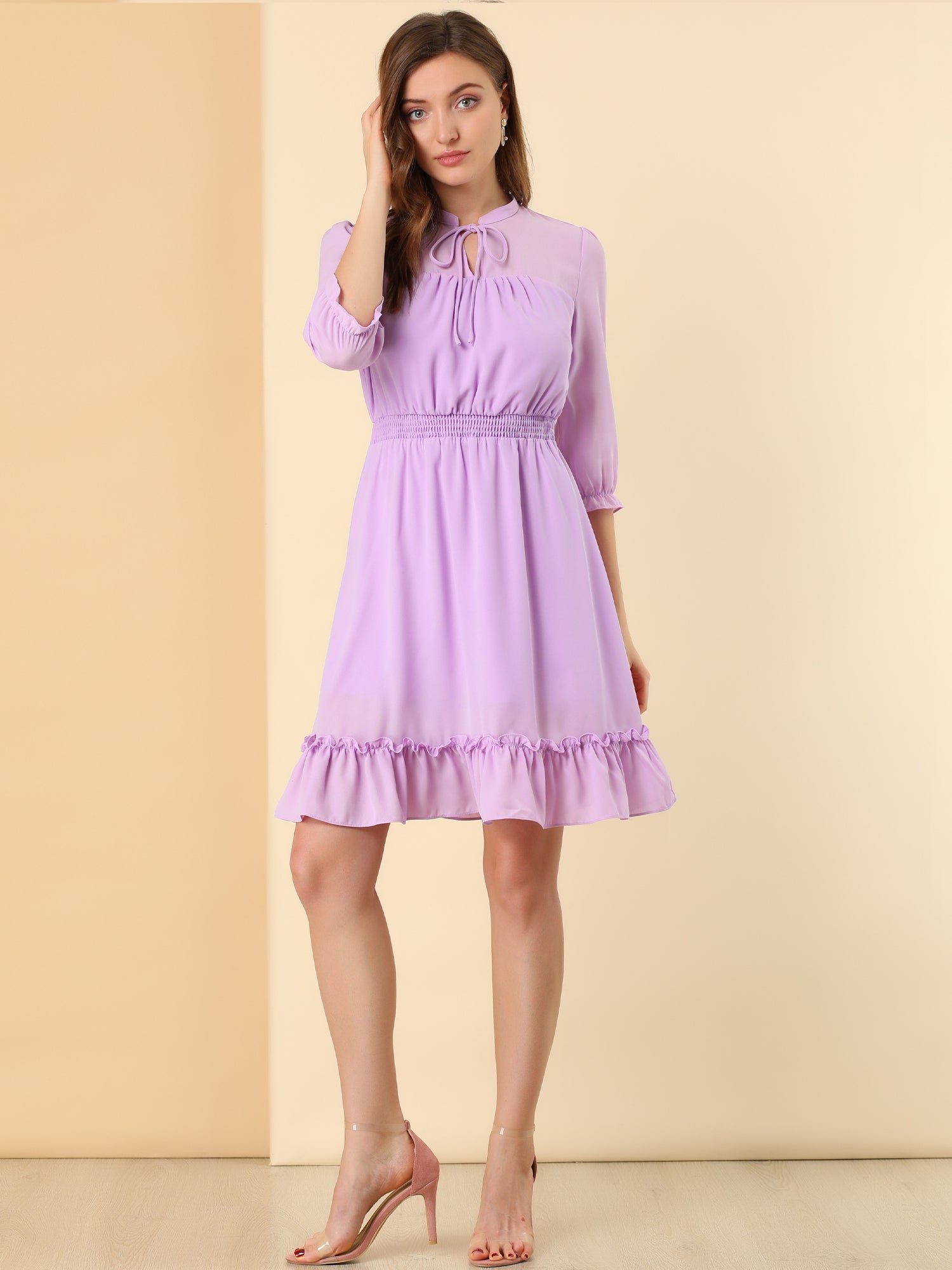Ruffle Hem 3/4 Sleeve A-Line Smocked Short Chiffon Dress