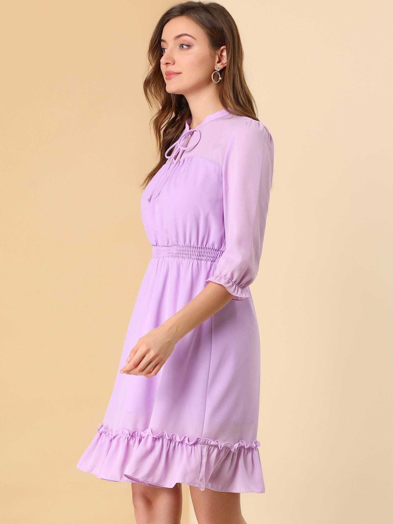 Ruffle Hem 3/4 Sleeve A-Line Smocked Short Chiffon Dress