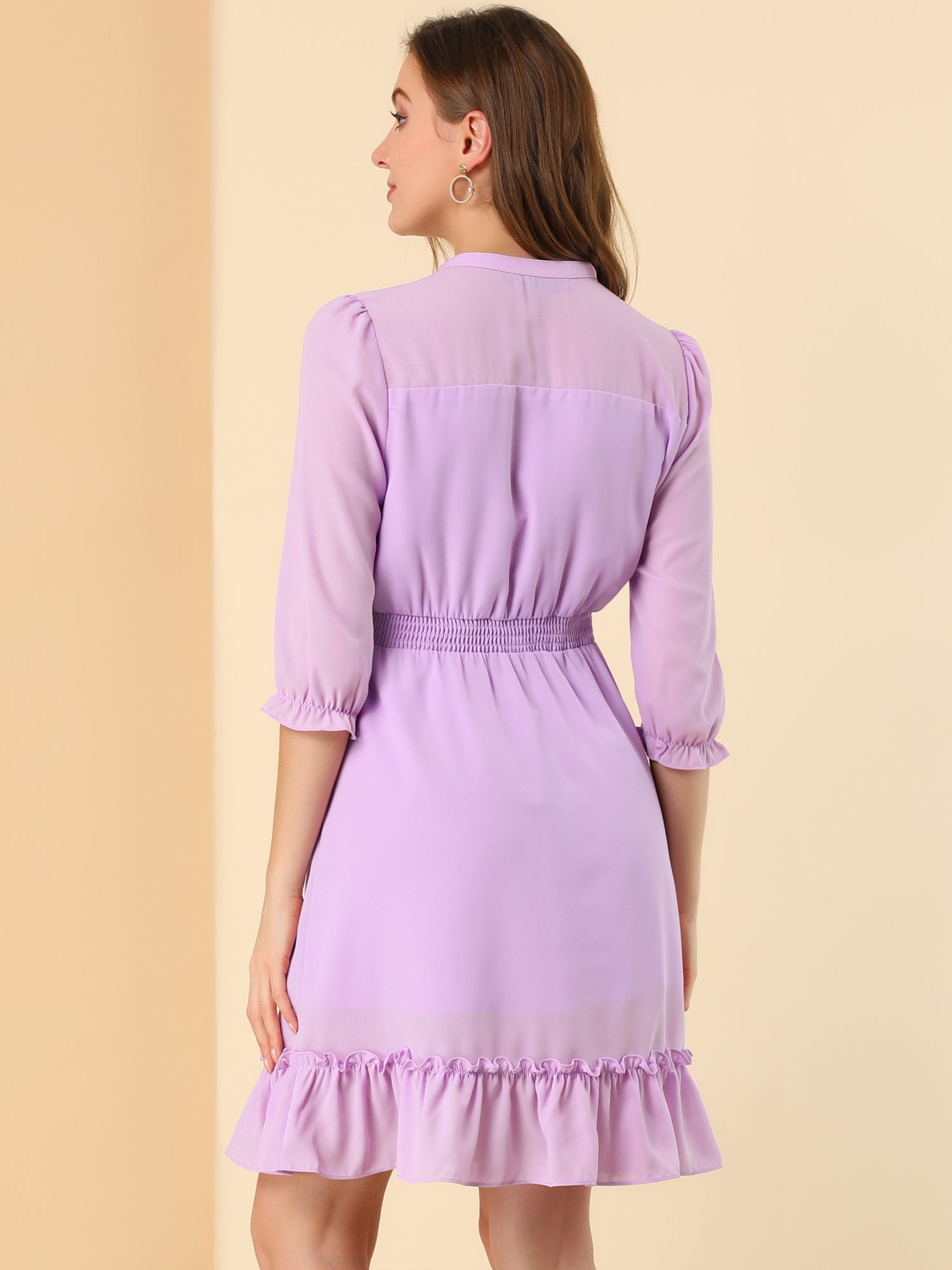 Ruffle Hem 3/4 Sleeve A-Line Smocked Short Chiffon Dress