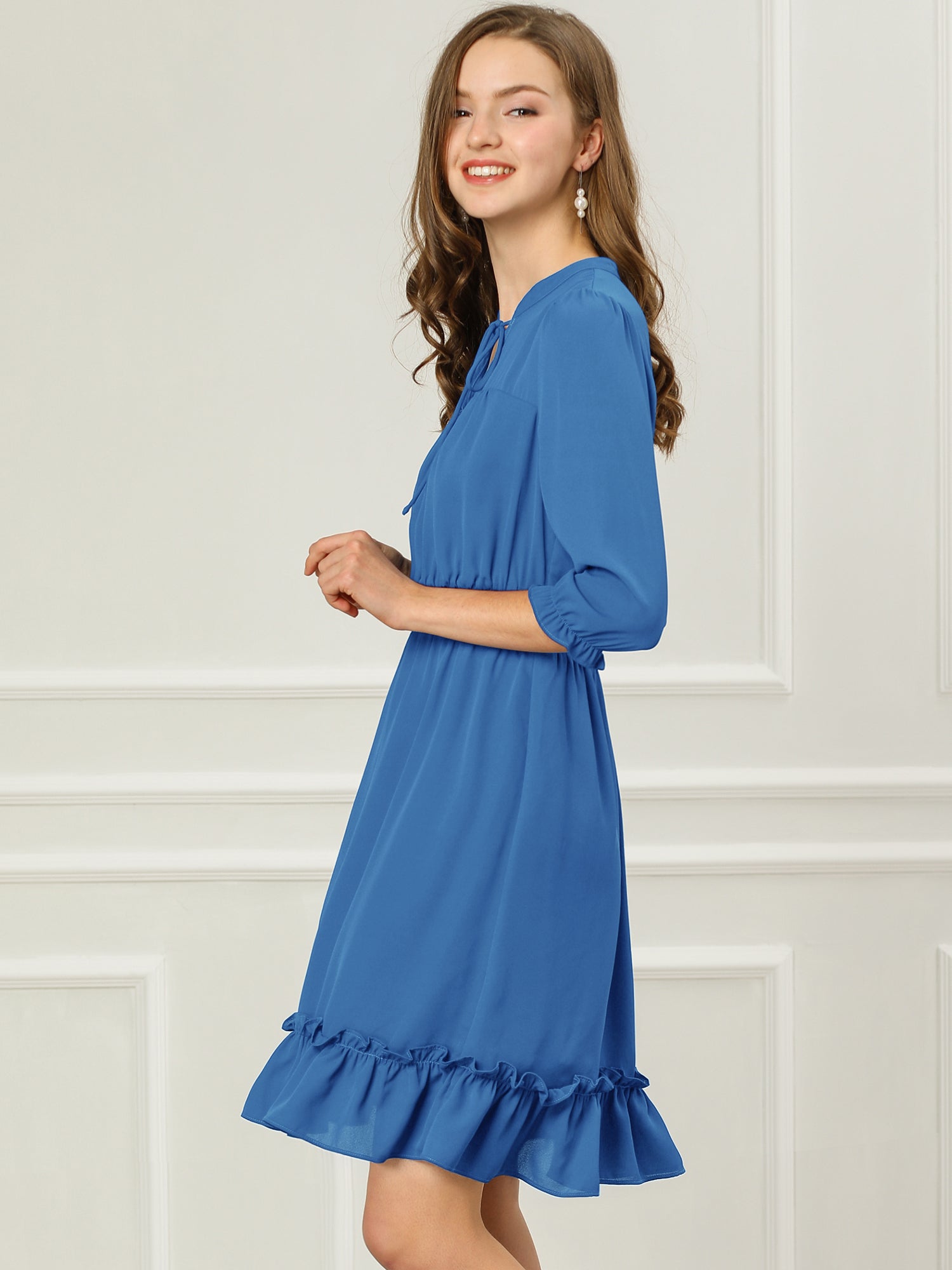 Ruffle Hem 3/4 Sleeve A-Line Smocked Short Chiffon Dress