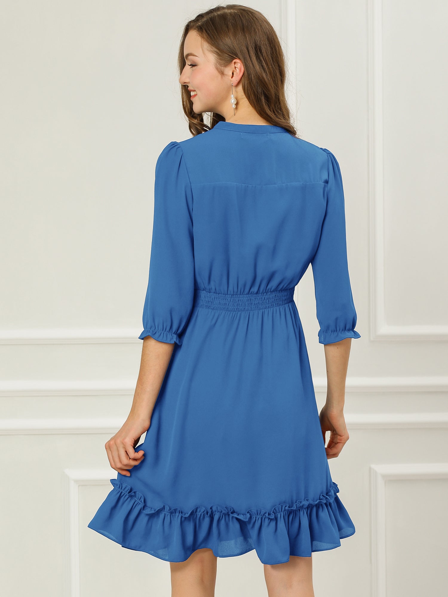 Ruffle Hem 3/4 Sleeve A-Line Smocked Short Chiffon Dress