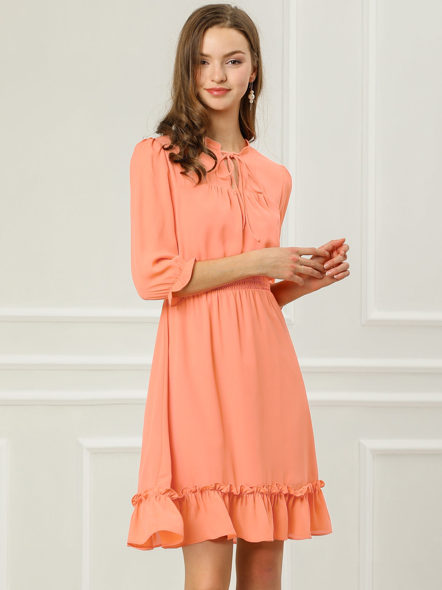 Ruffle Hem 3/4 Sleeve A-Line Smocked Midi Chiffon Dress