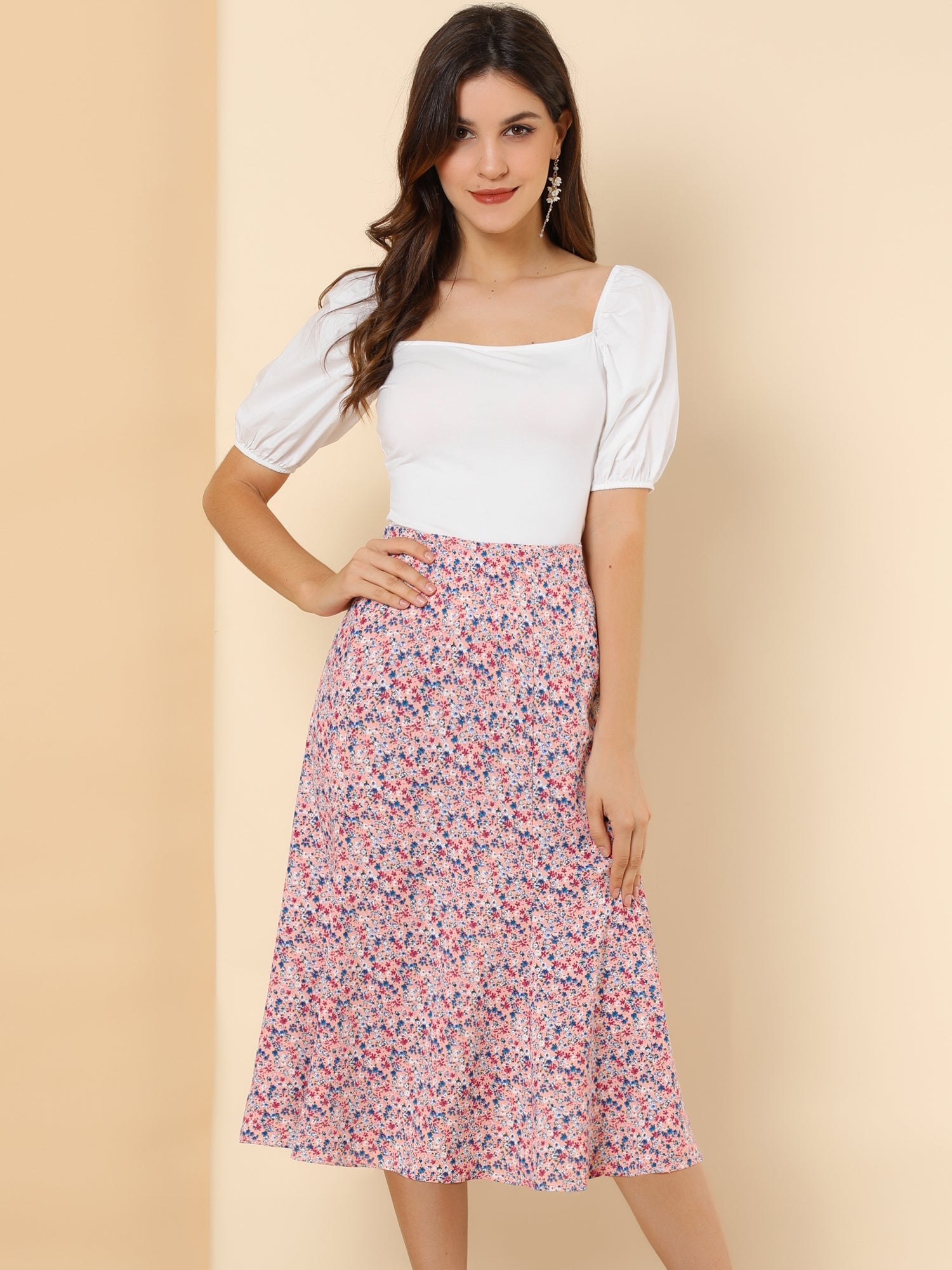 Floral Peasant Elastic Waist A-Line Ditsy Leave Midi Skirt