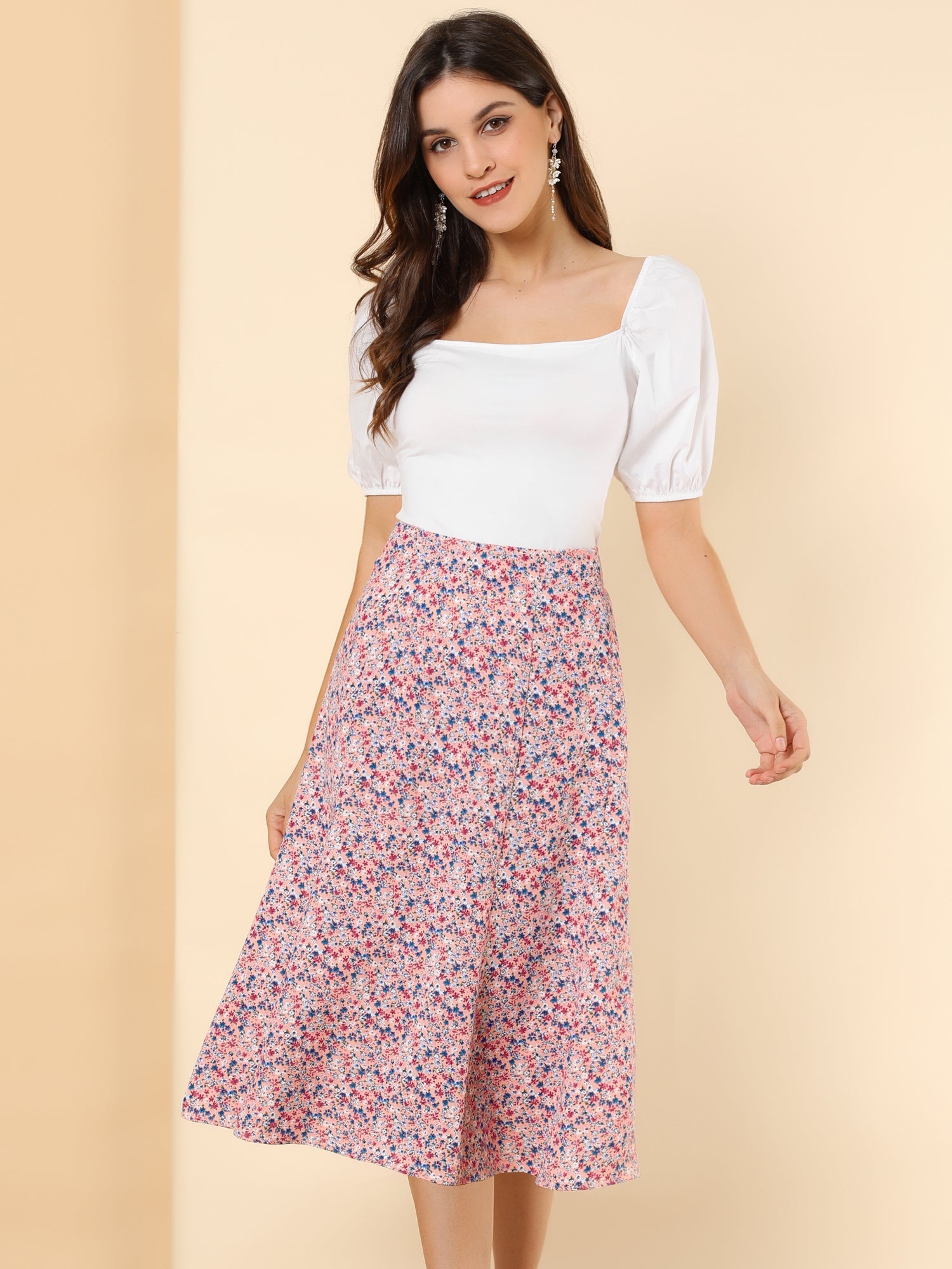 Floral Peasant Elastic Waist A-Line Ditsy Leave Midi Skirt