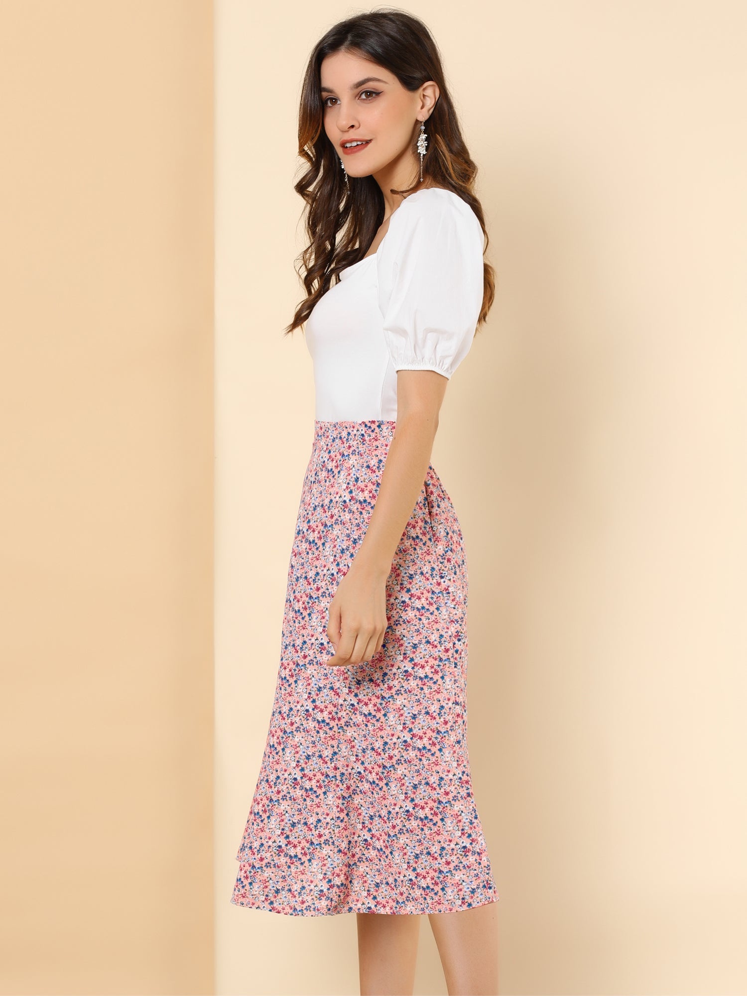 Floral Peasant Elastic Waist A-Line Ditsy Leave Midi Skirt