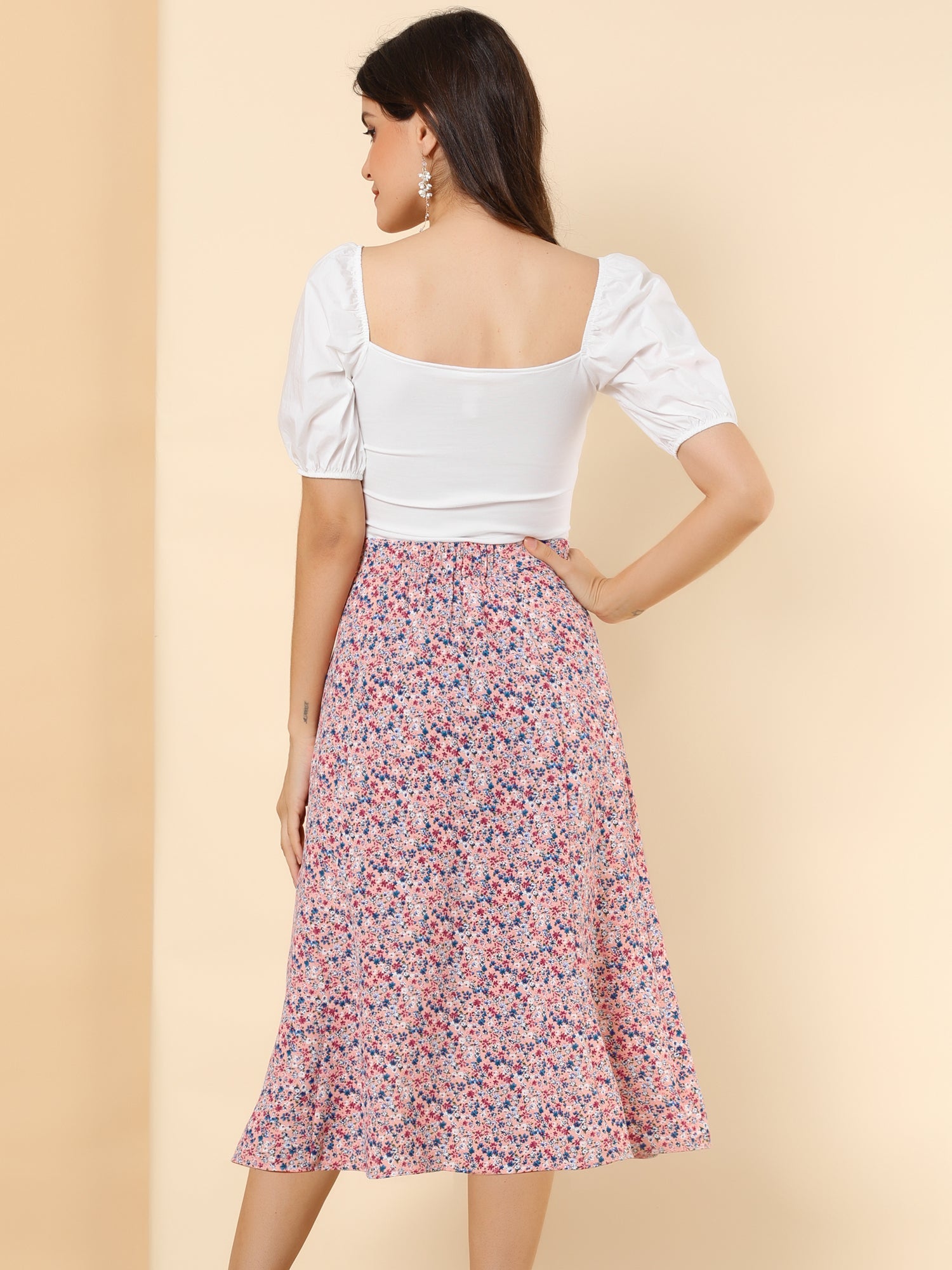 Floral Peasant Elastic Waist A-Line Ditsy Leave Midi Skirt
