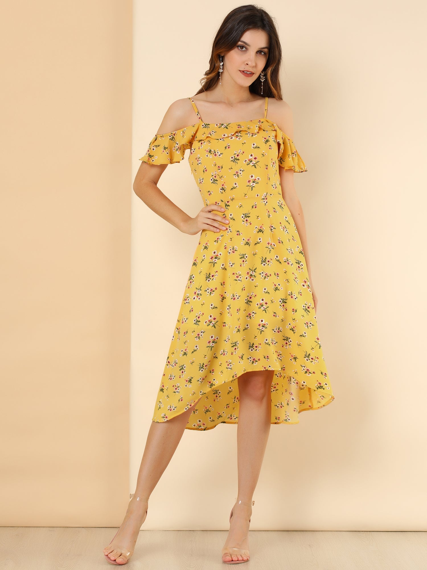 Spaghetti Strap Asymmetrical High Low Floral A-Line Midi Dress