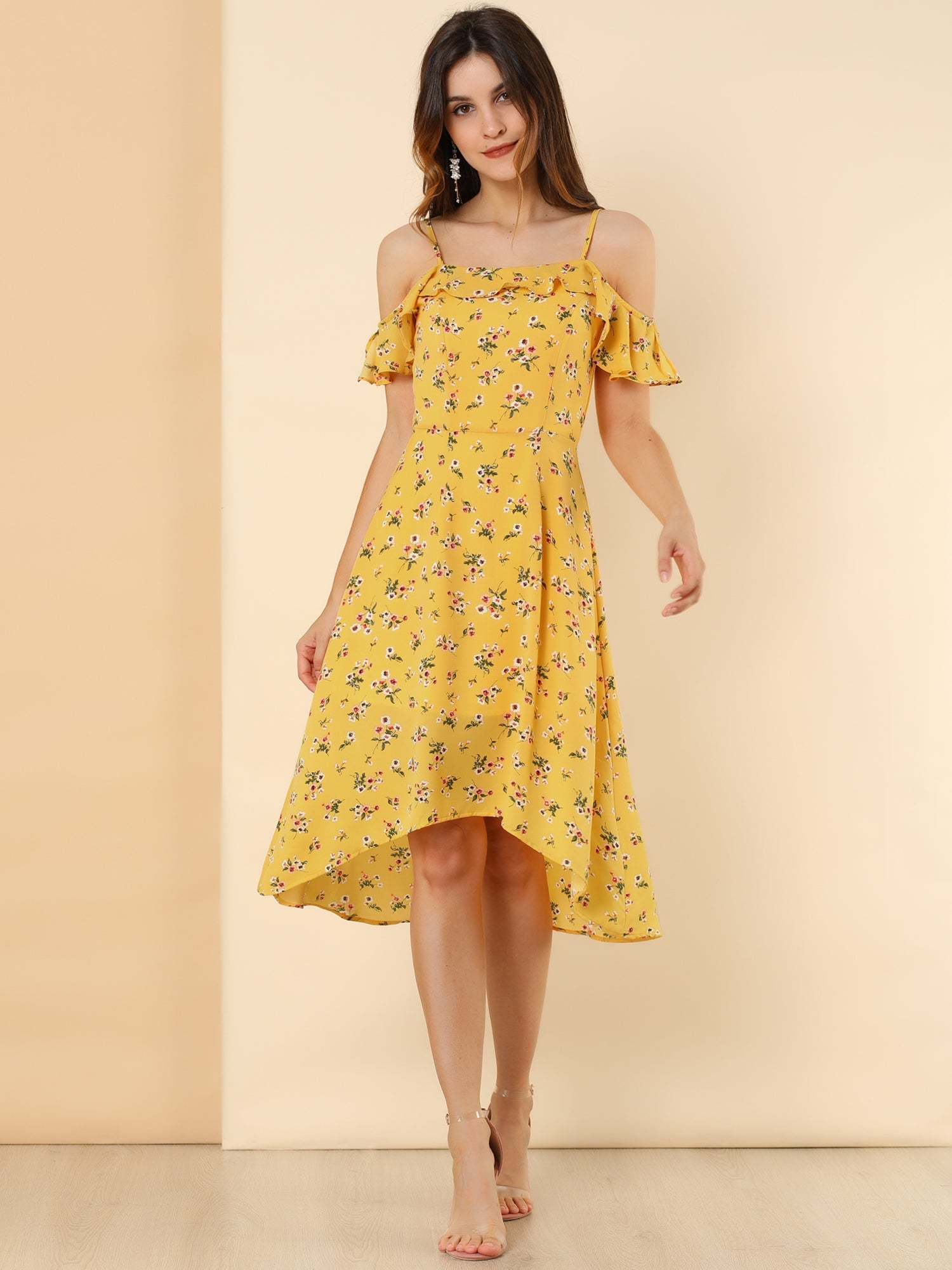 Spaghetti Strap Asymmetrical High Low Floral A-Line Midi Dress