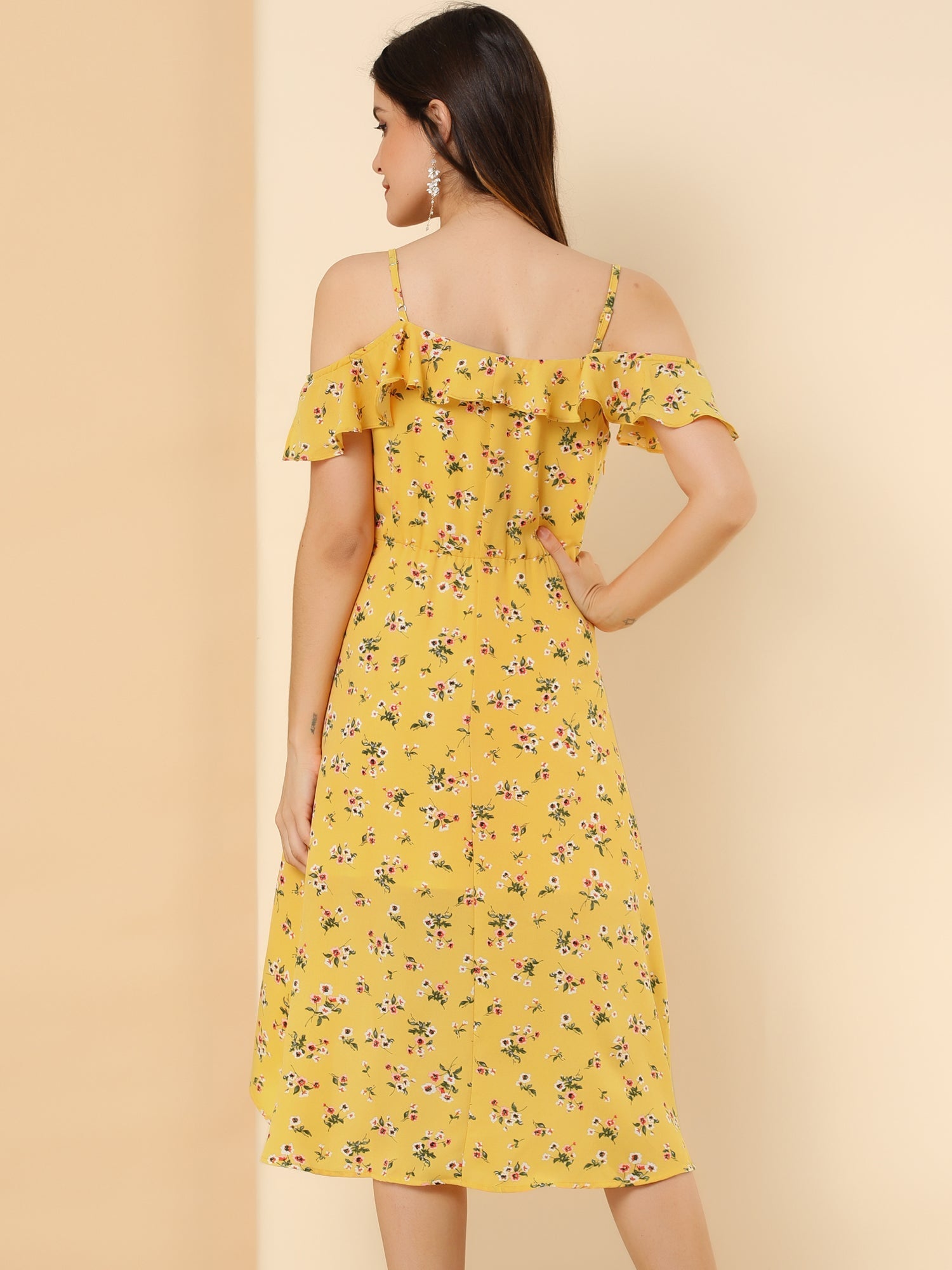 Spaghetti Strap Asymmetrical High Low Floral A-Line Midi Dress