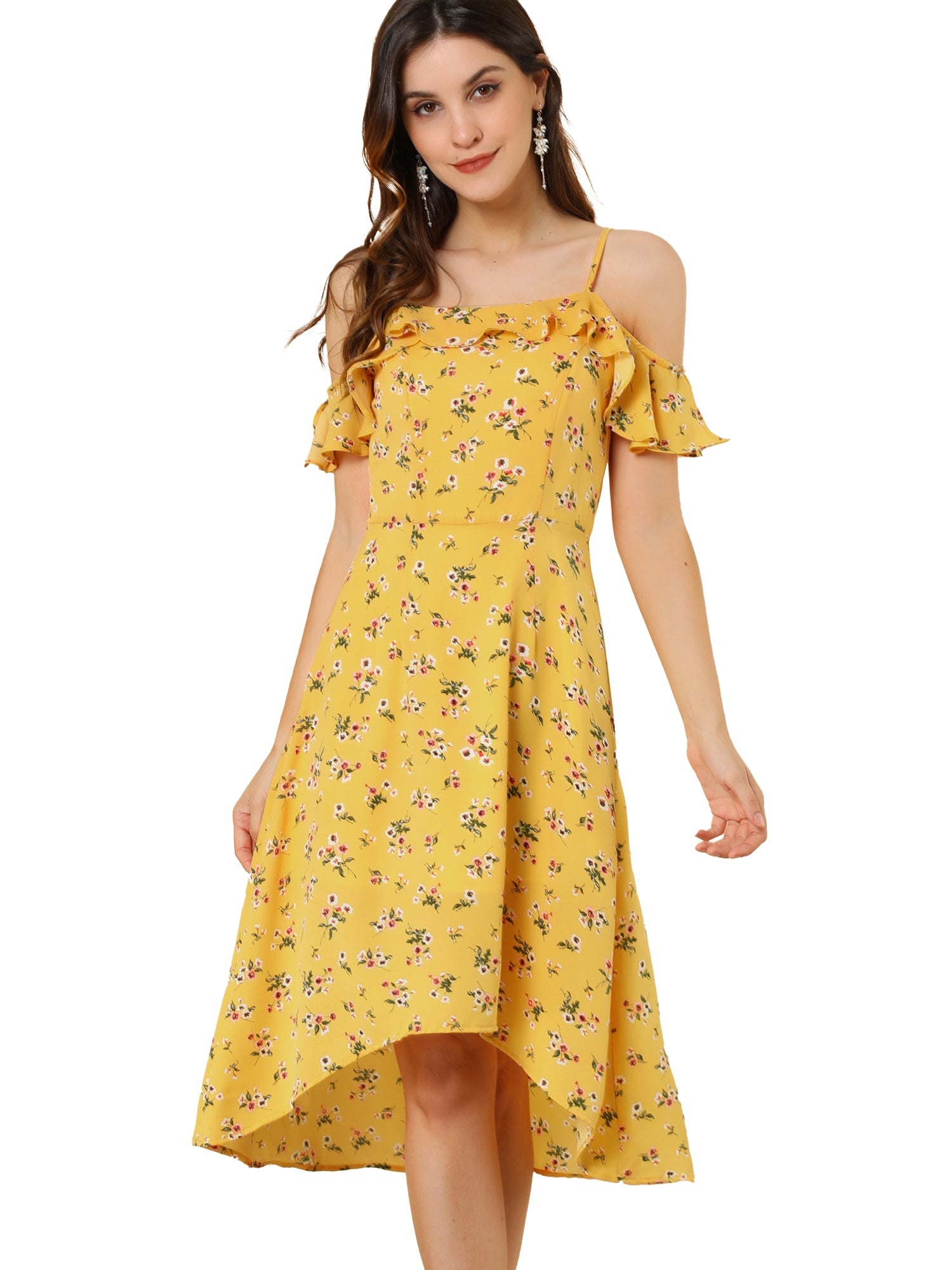 Spaghetti Strap Asymmetrical High Low Floral A-Line Midi Dress