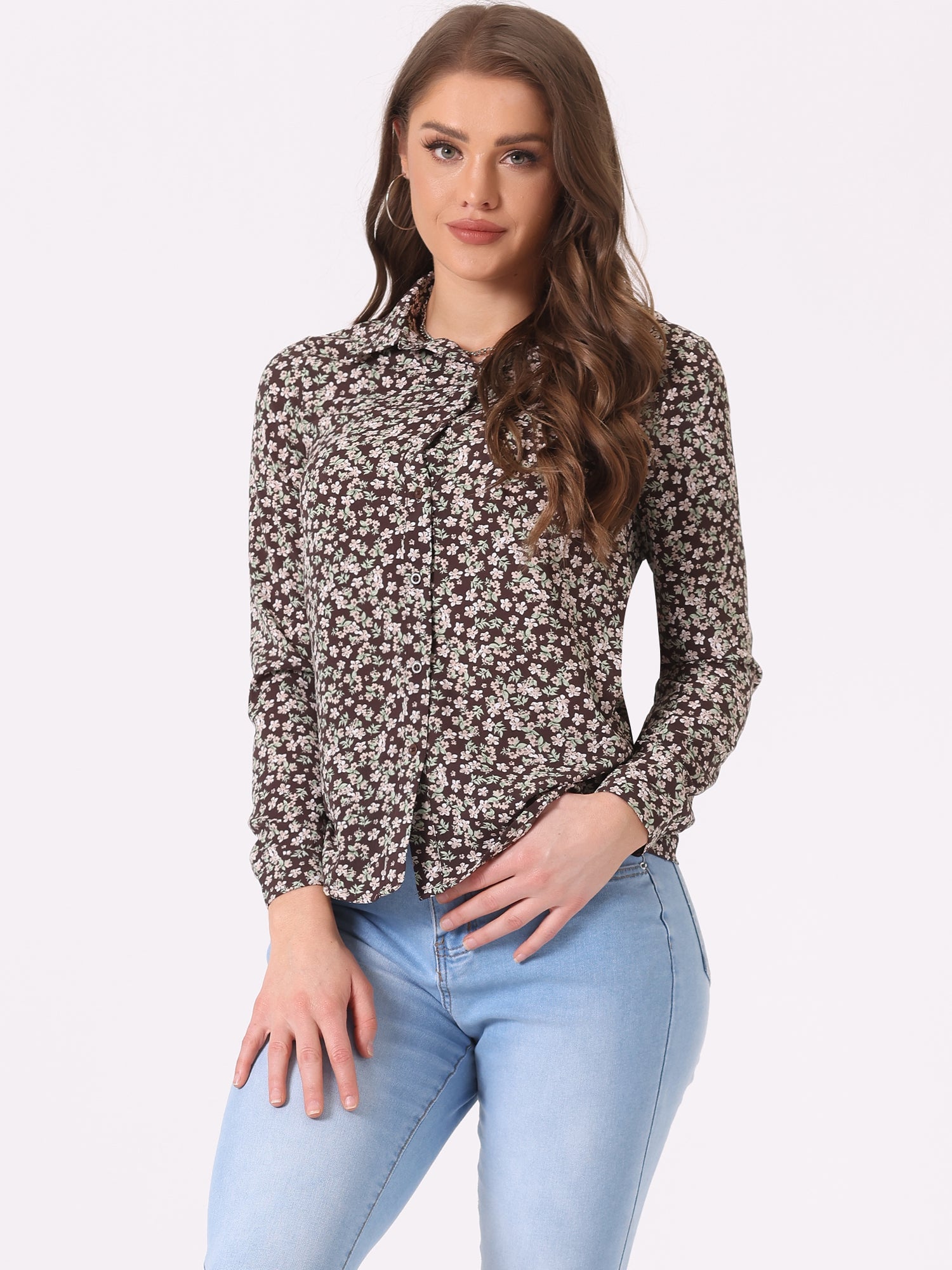 Button Down Floral Long Sleeve Point Collar Blouse