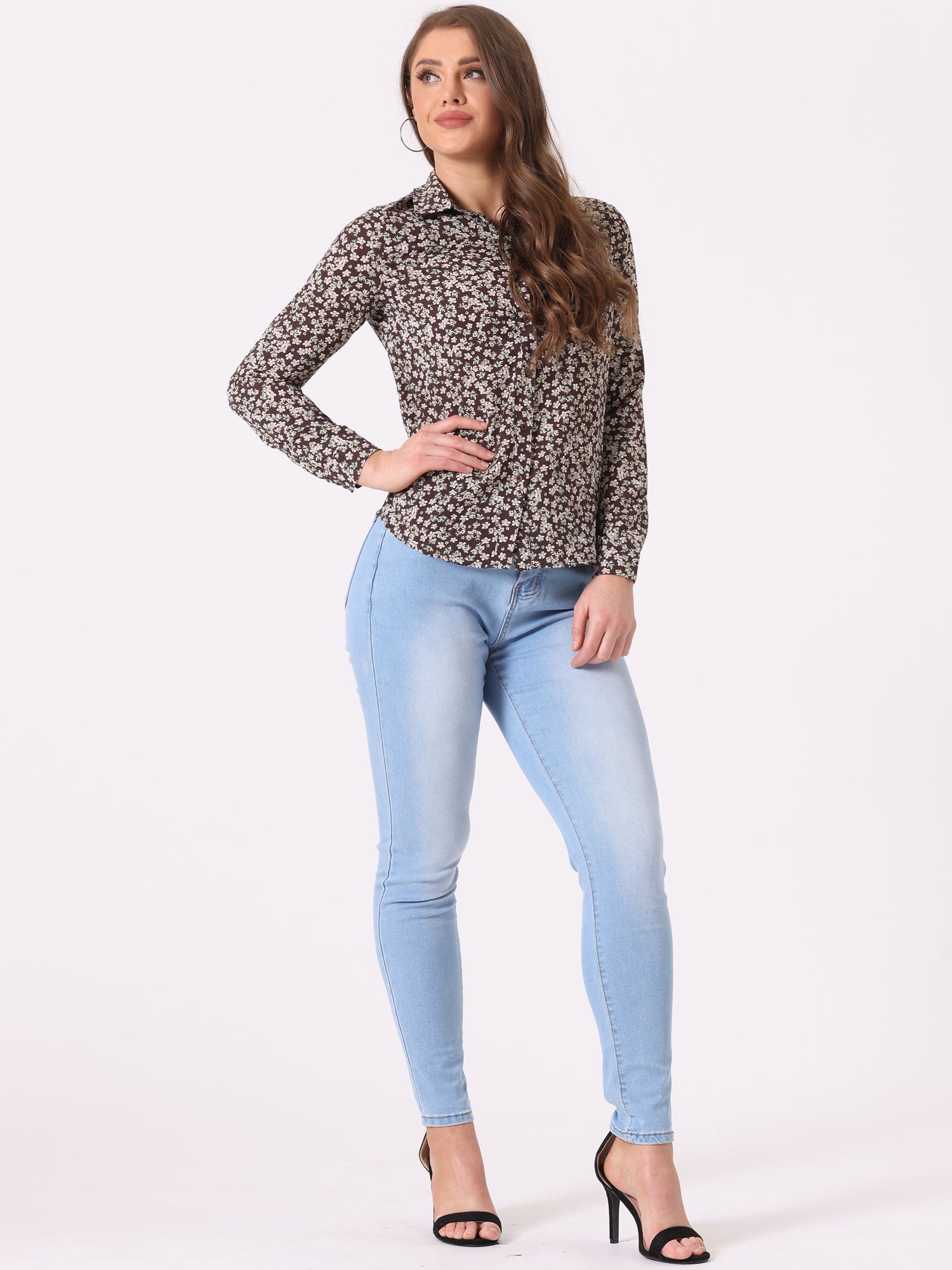 Button Down Floral Long Sleeve Point Collar Blouse