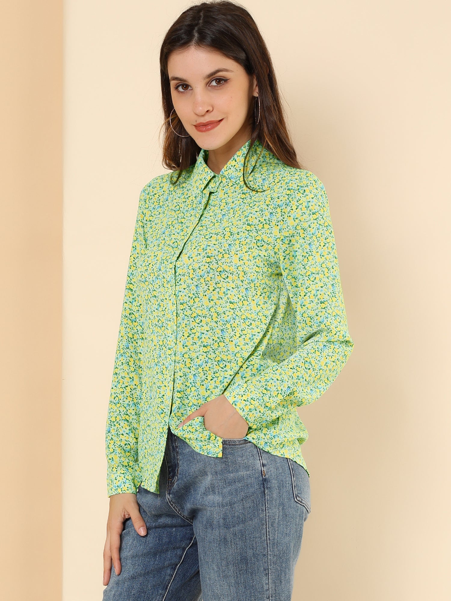 Button Down Floral Shirt Blouse Long Sleeve Point Collar Top