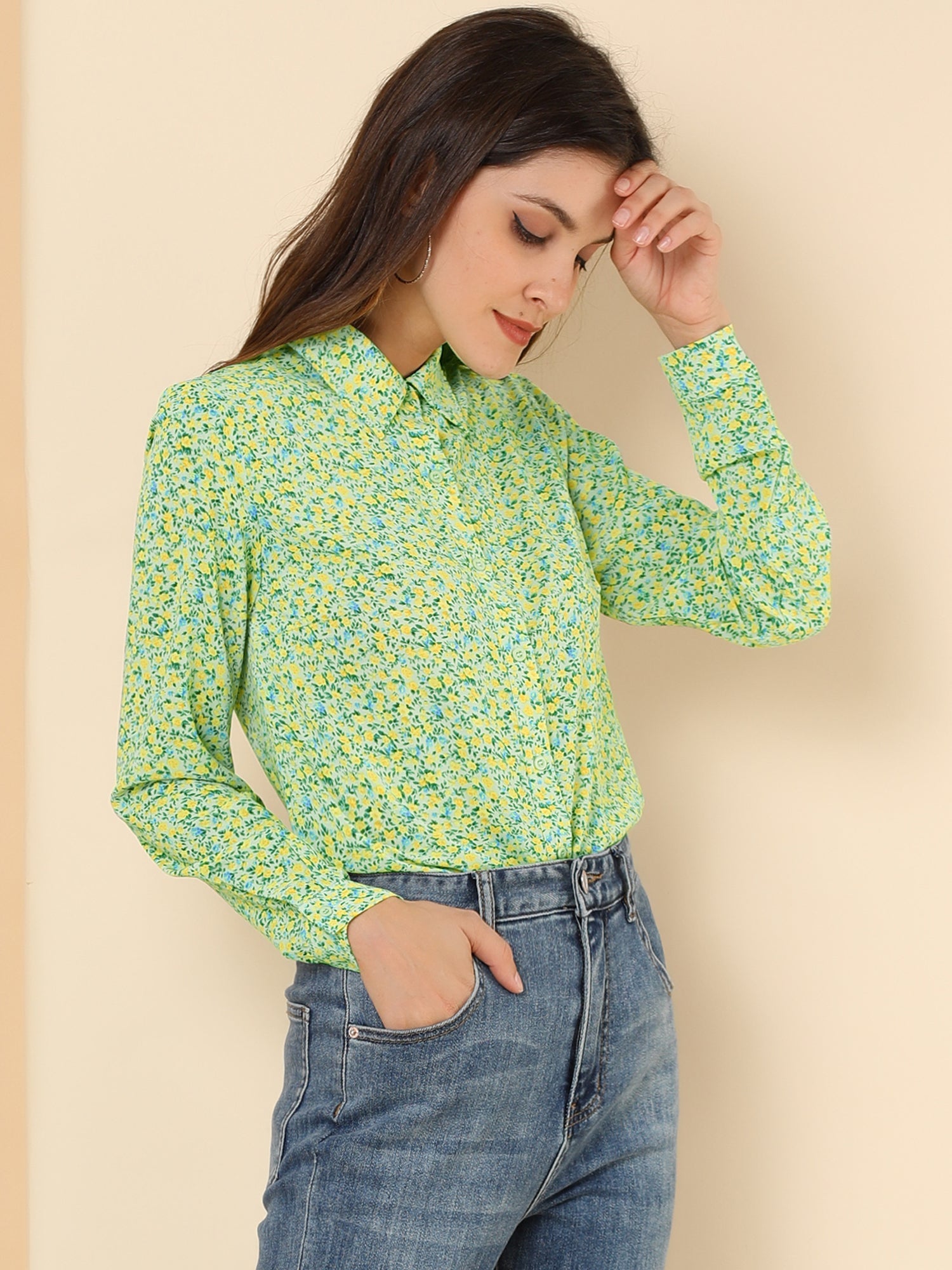 Button Down Floral Shirt Blouse Long Sleeve Point Collar Top