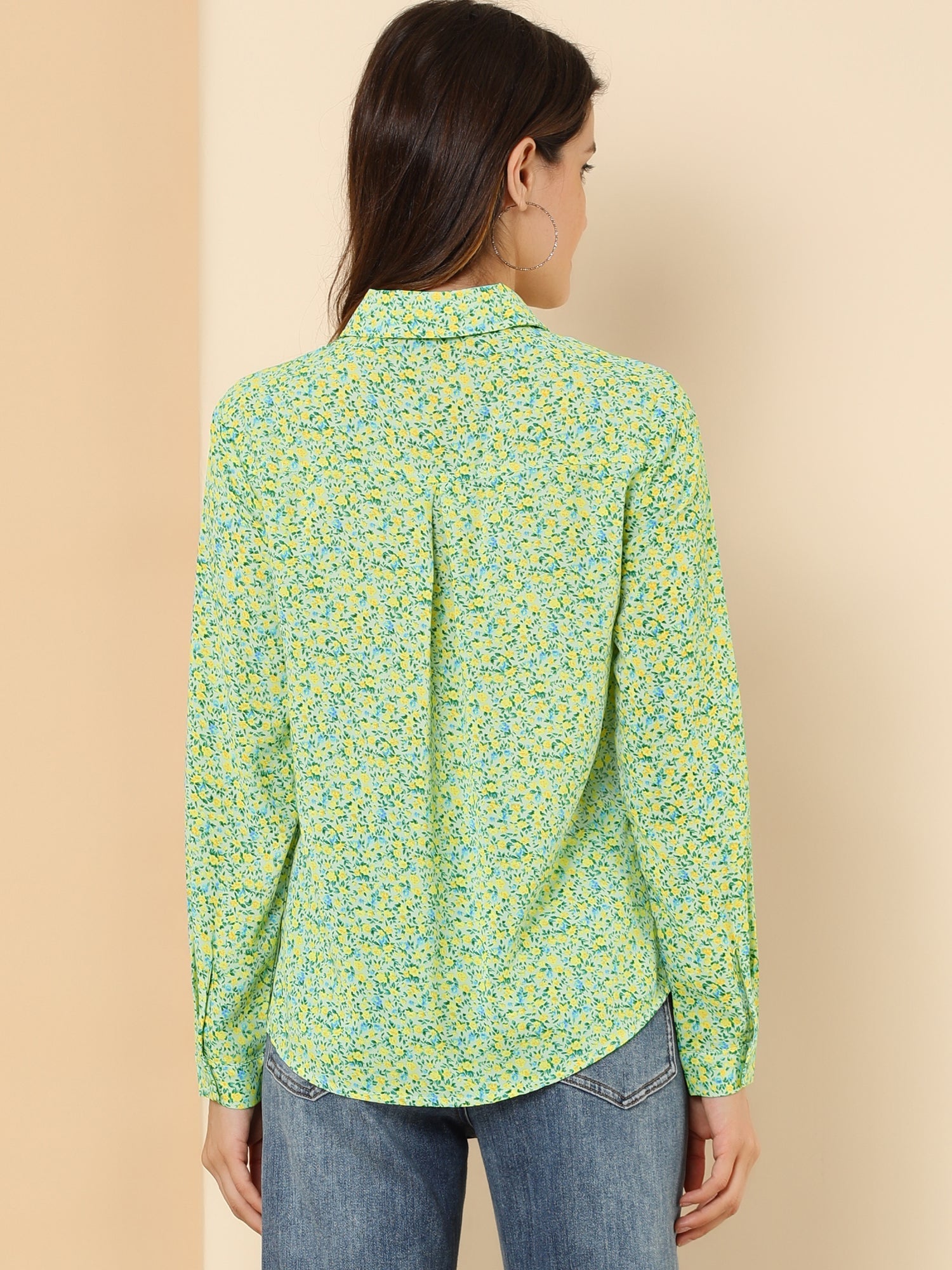 Button Down Floral Shirt Blouse Long Sleeve Point Collar Top
