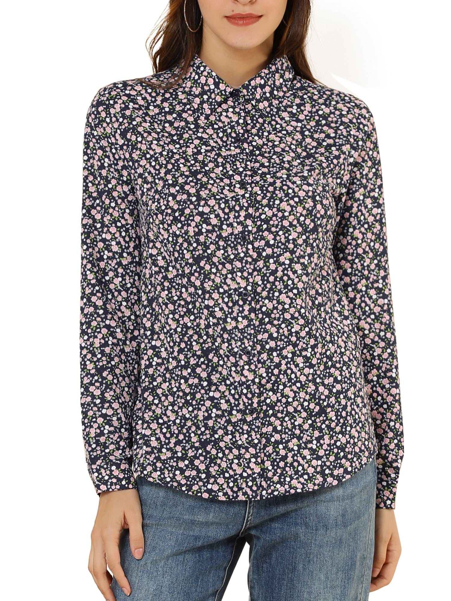 Button Down Floral Long Sleeve Point Collar Blouse
