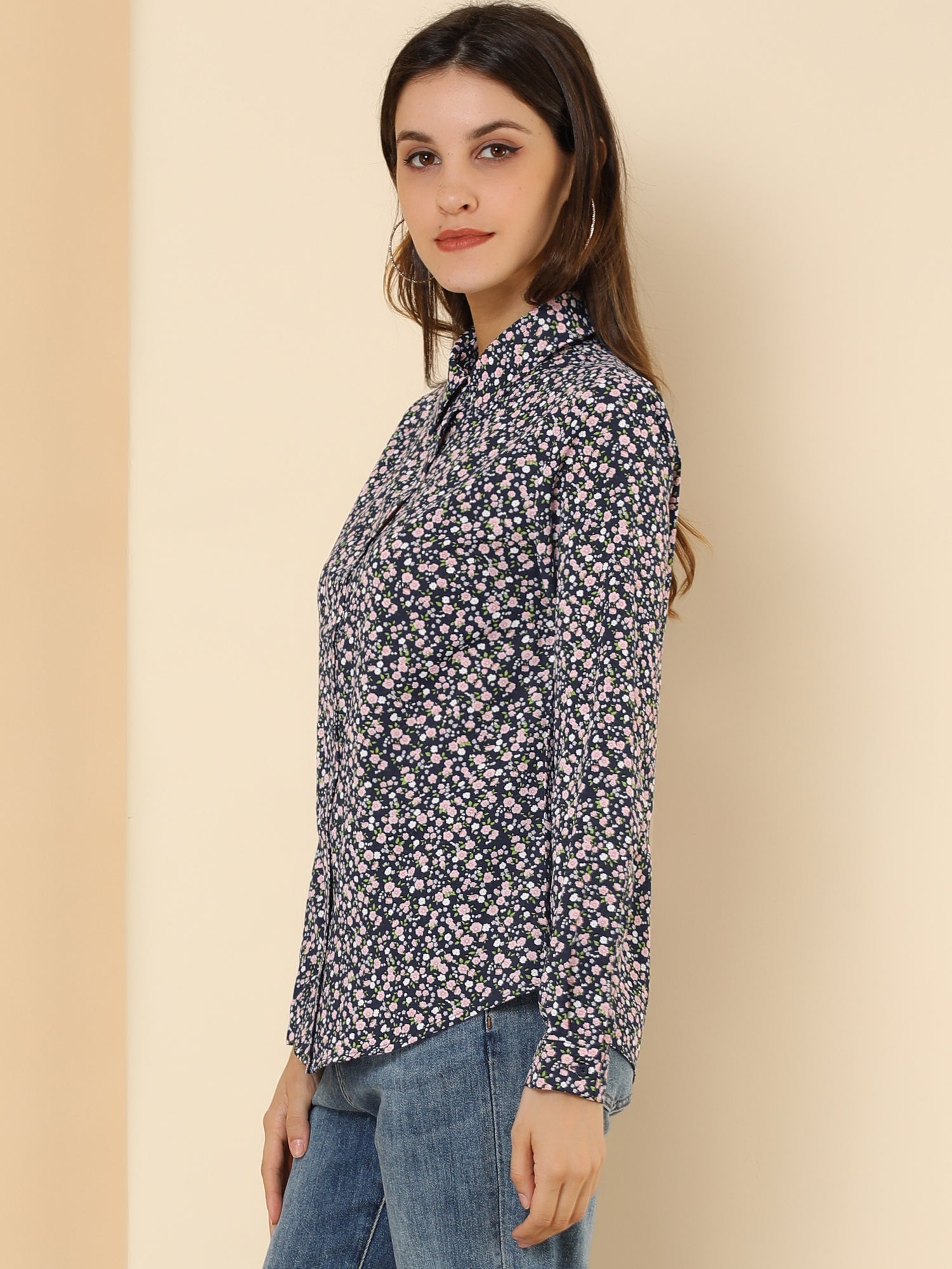 Button Down Floral Long Sleeve Point Collar Blouse