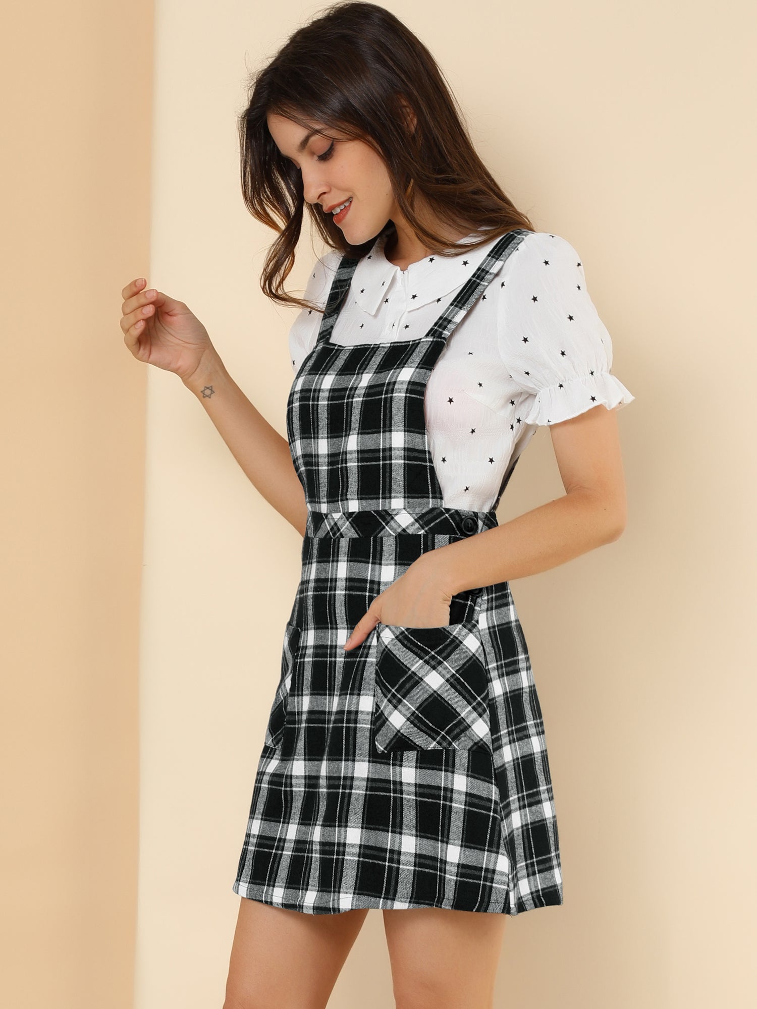 Plaid Tartan Button Decor A-Line Pinafore Overall Dress