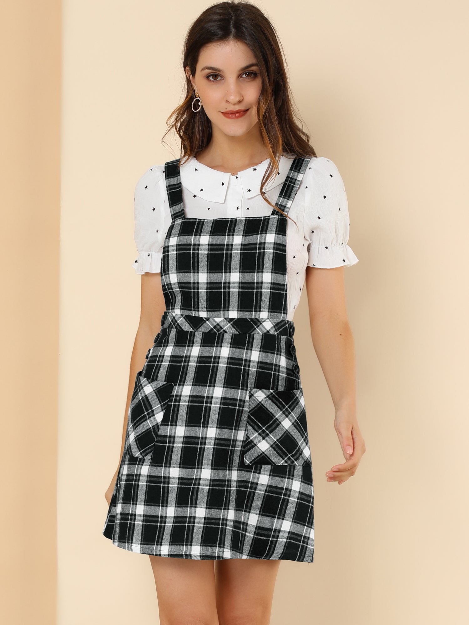 Plaid Tartan Button Decor A-Line Pinafore Overall Dress